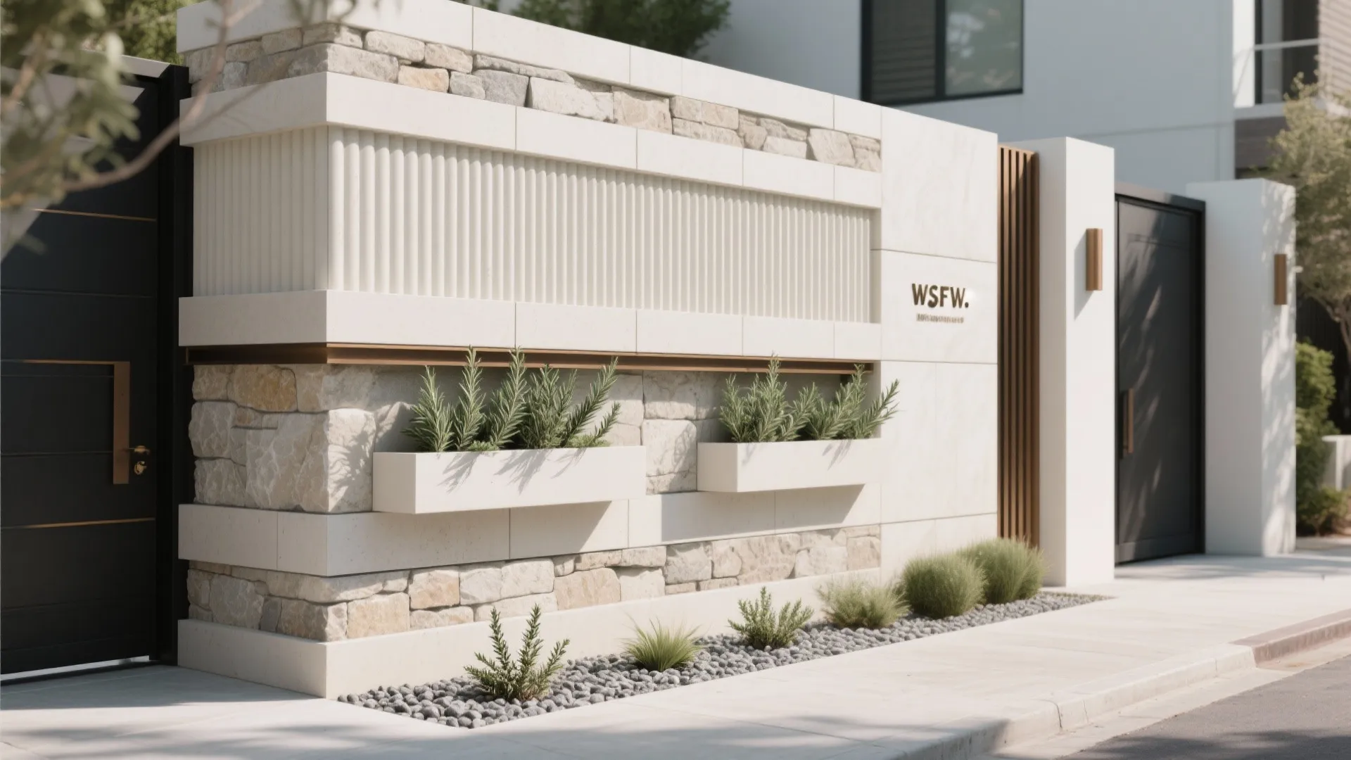 Modern outdoor white stone wall with integrated plant boxes green shrubs and black metal gate