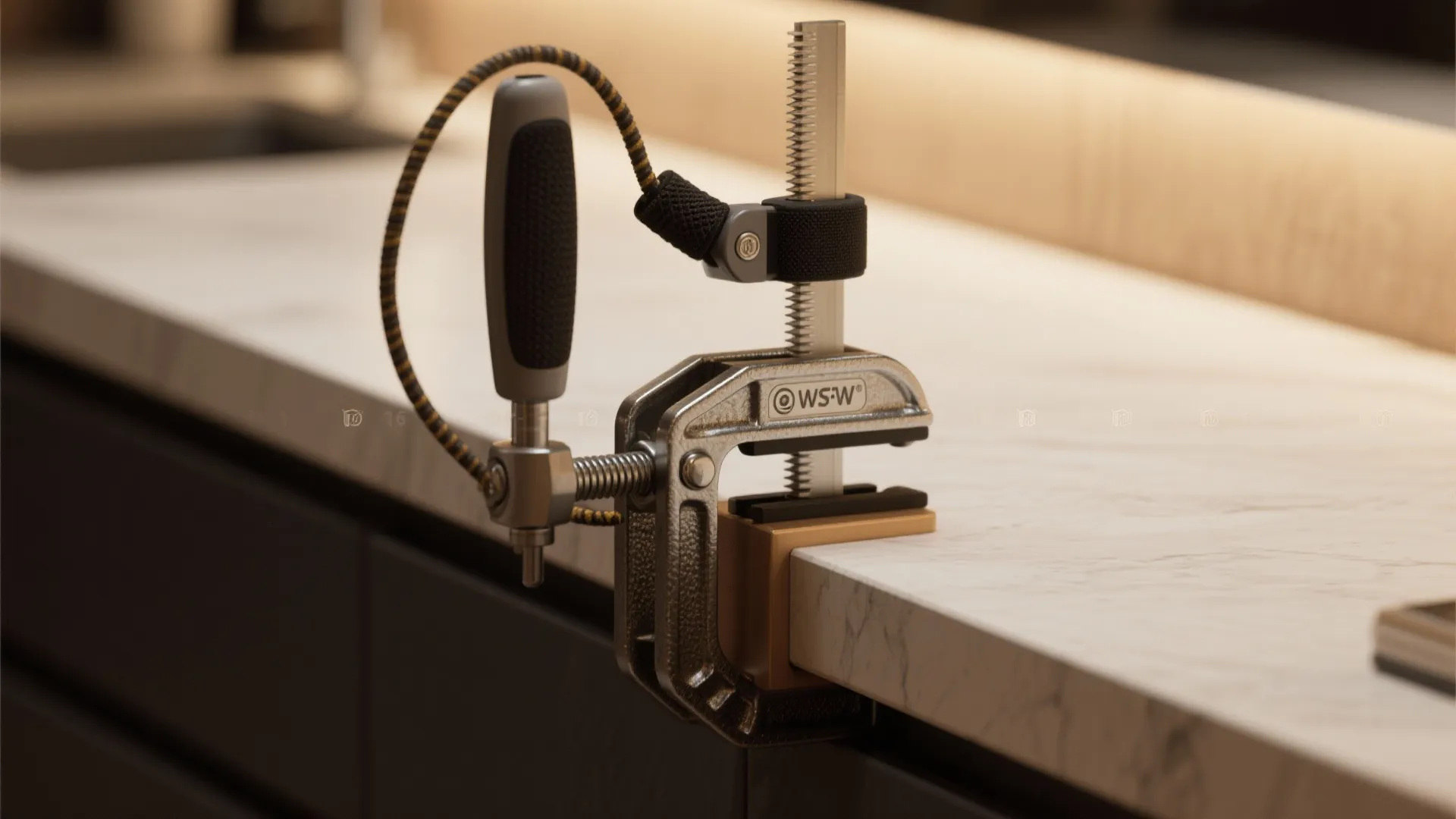 Close-up of a clamp-mounted grooming arm and narrow tabletop with edge lip and safety loop.