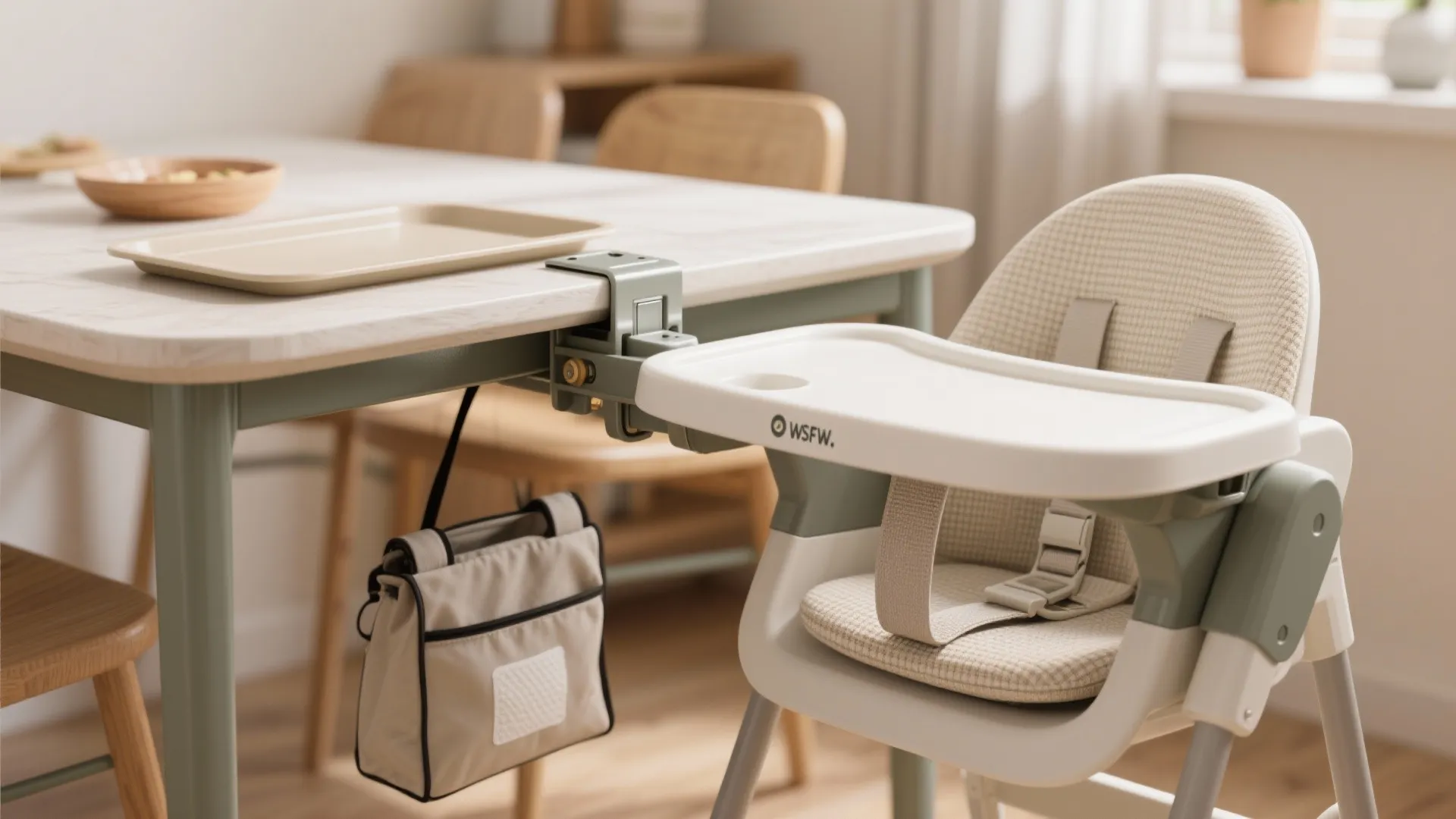Portable high chair clamped to a dining table with small storage bag hanging underneath it