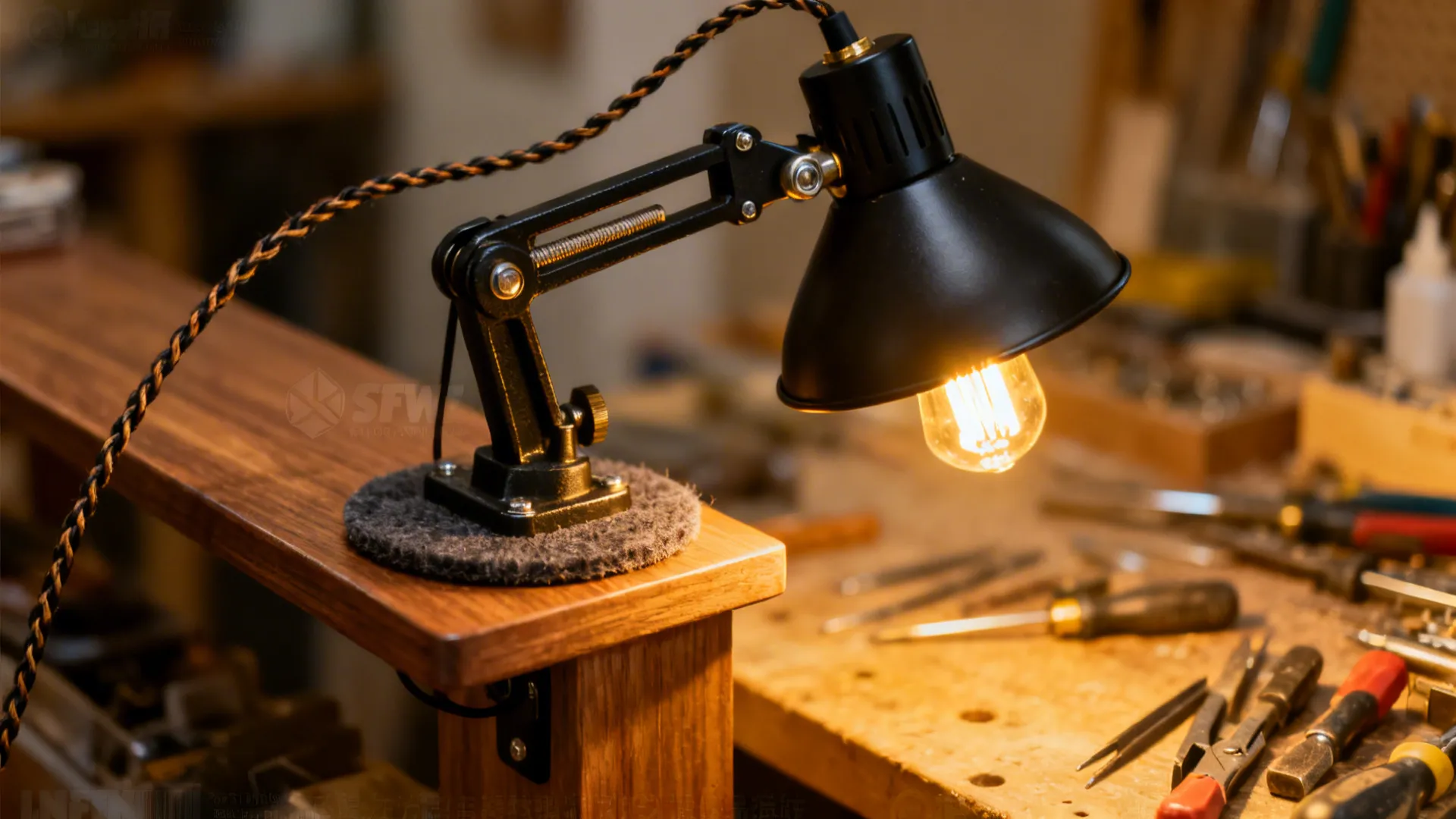 Clamp lamp clamped to a narrow console delivering focused task lighting with a felt pad protecting the surface.