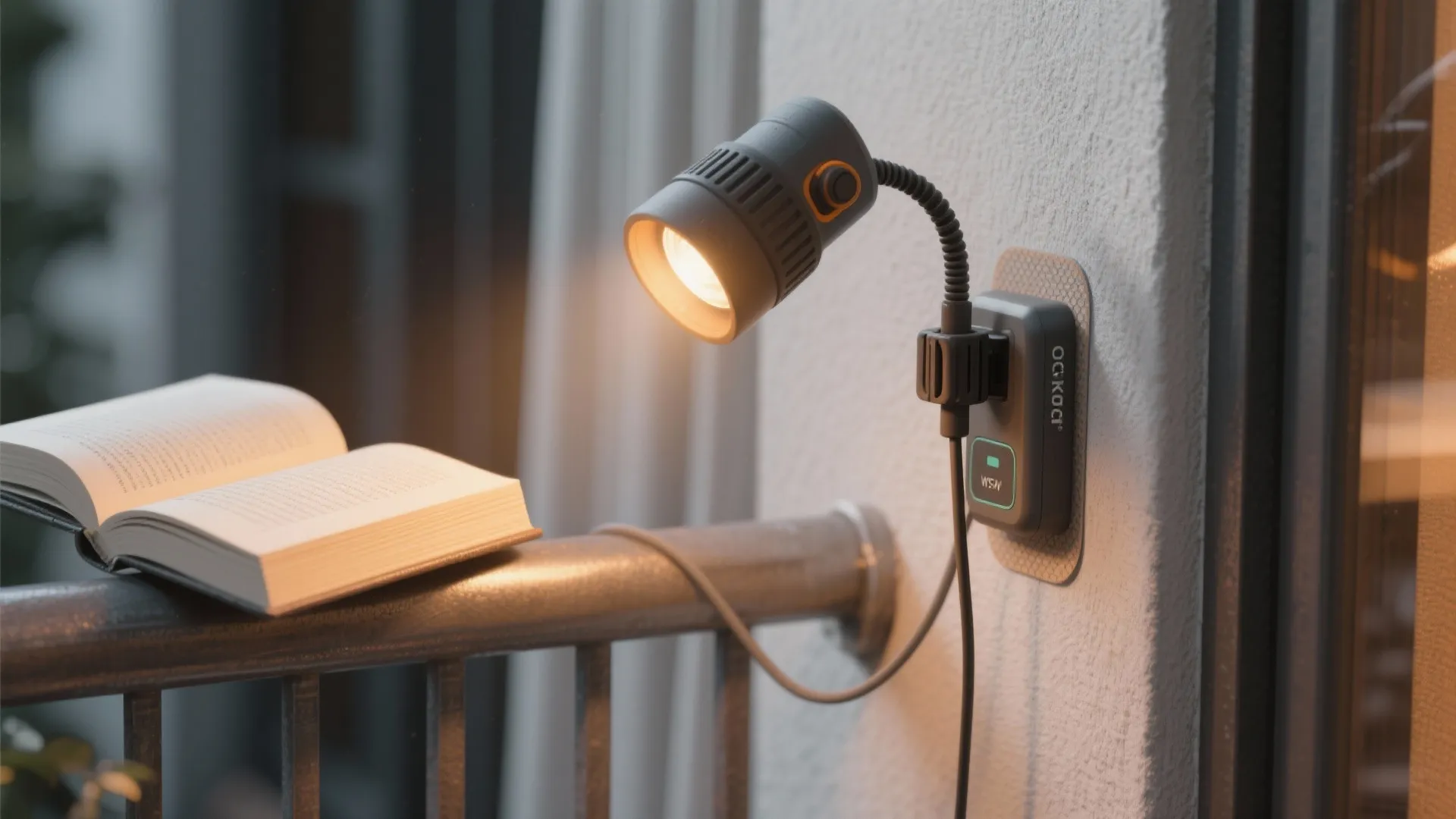 A small adjustable wall light attached to a balcony wall illuminating an open book nearby