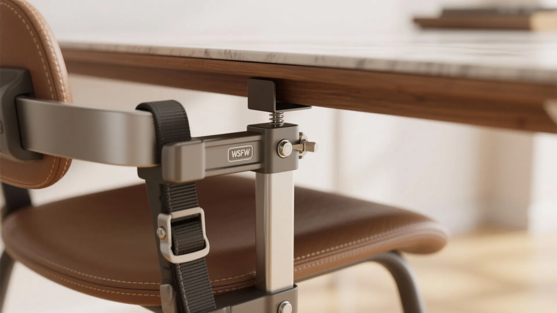 Close up view of a brown leather chair with a metal clamp attached to table