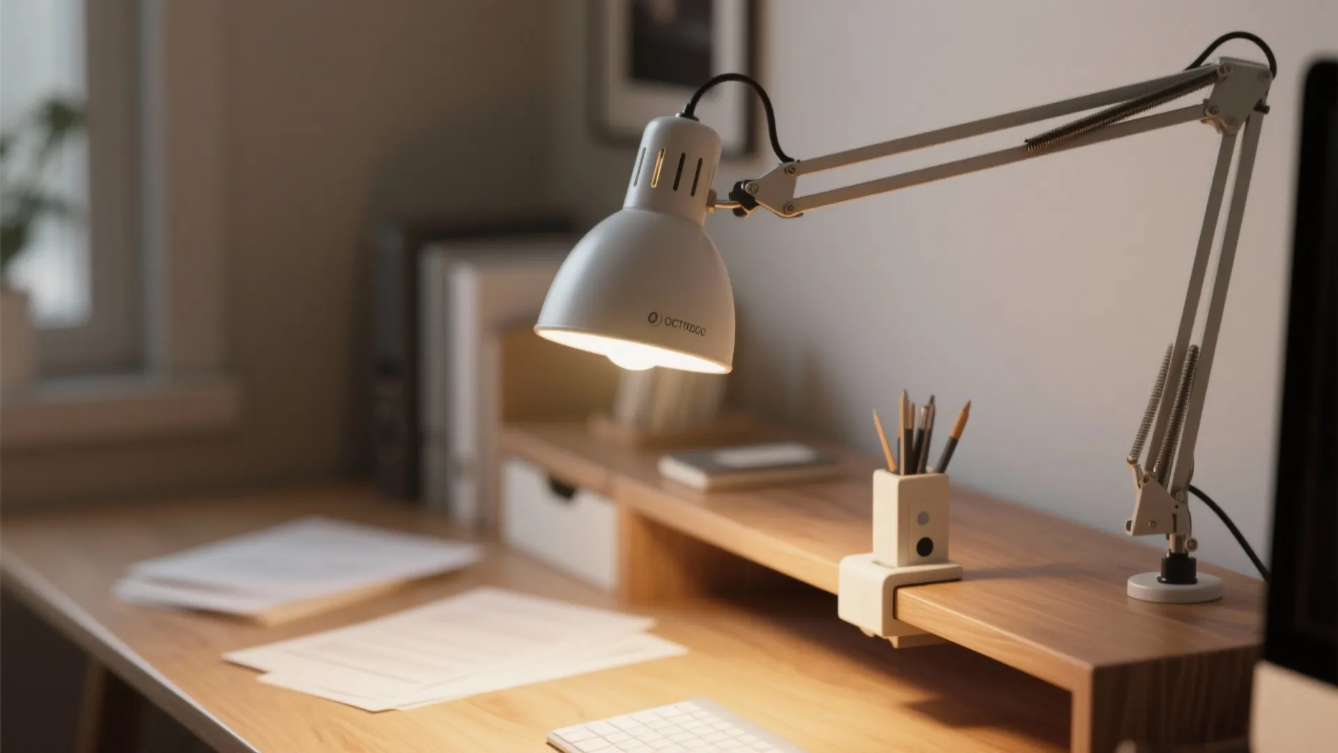 White adjustable desk lamp clipped to a wooden shelf lighting up papers on a desk