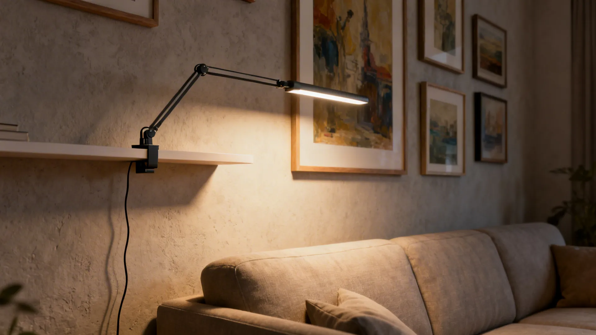 Clamp-on lamp mounted to a floating shelf above a loveseat, lighting a gallery wall and saving tabletop space.