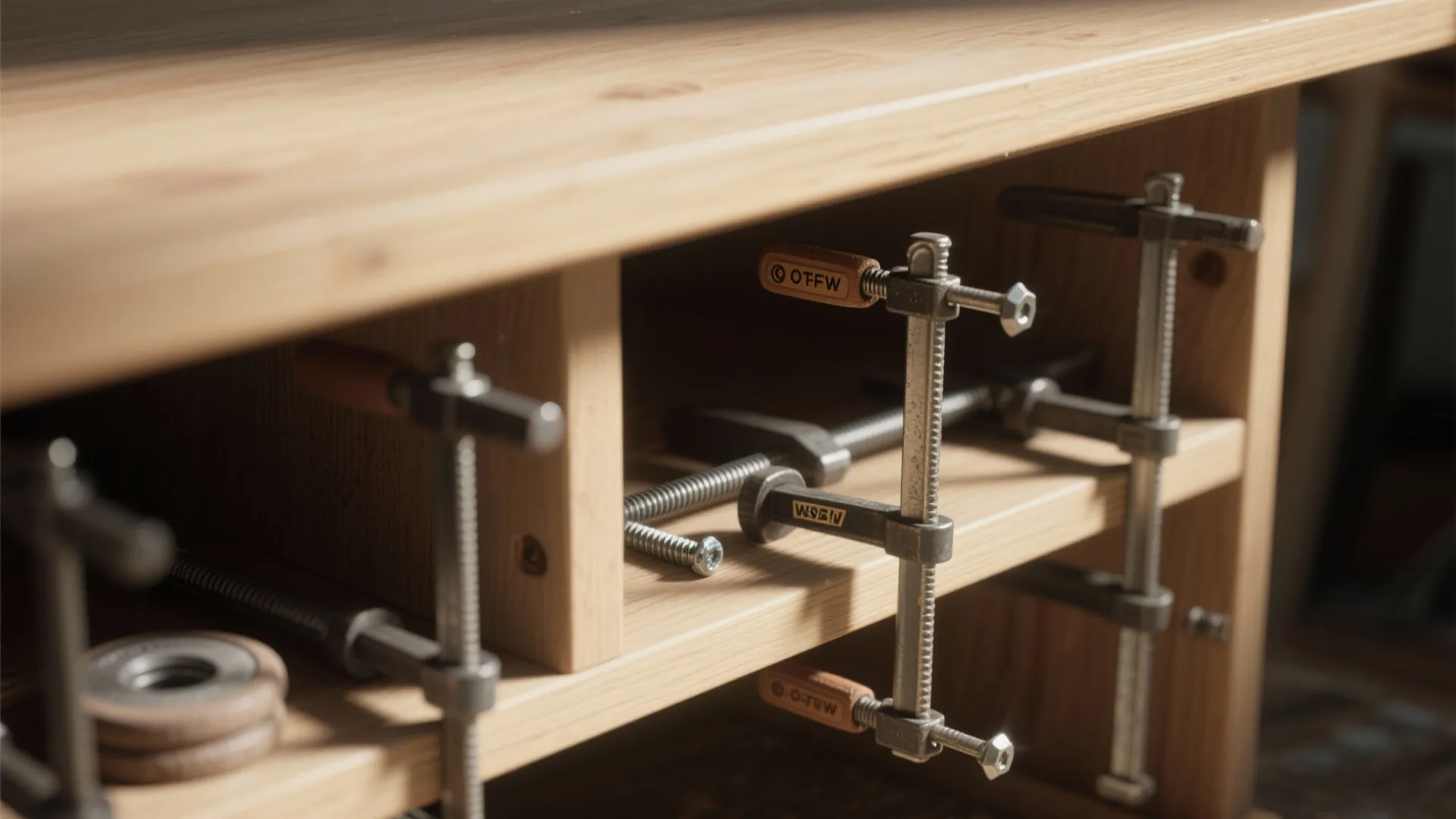 Close up of metal clamps stored neatly on a wooden shelf inside a workshop cabinet