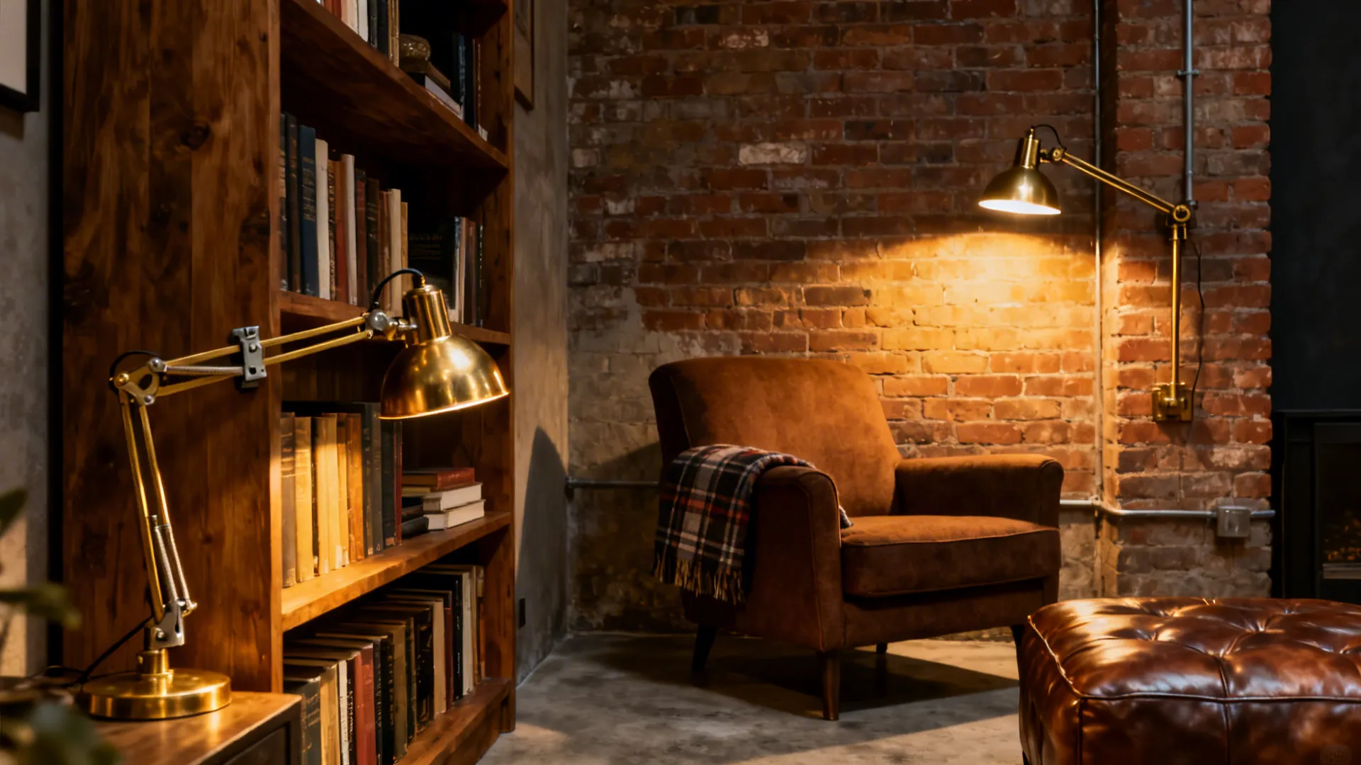 Clamp lamp and wall-mounted swing-arm lamp providing directional task lighting in a cozy corner