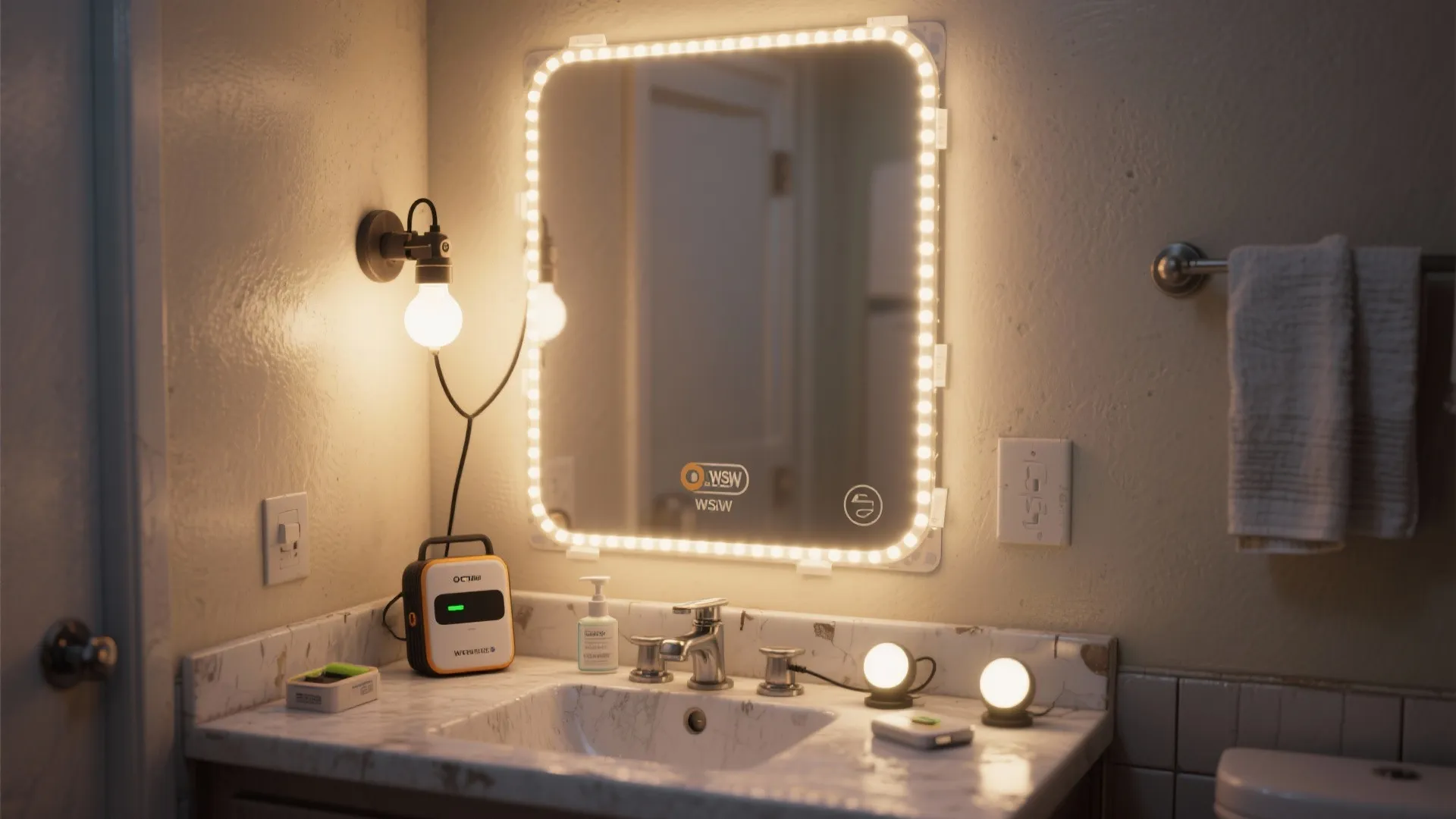 Bathroom sink with marble countertop and a square mirror decorated with bright LED tape lights