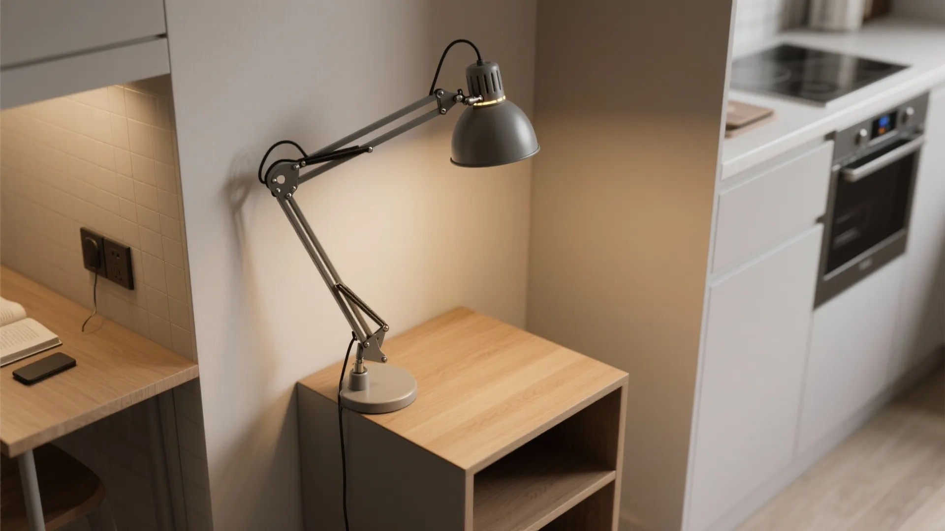Top-down view of a clamp-on lamp attached to a side table in a small nook, showing clamp and adjustable arm.