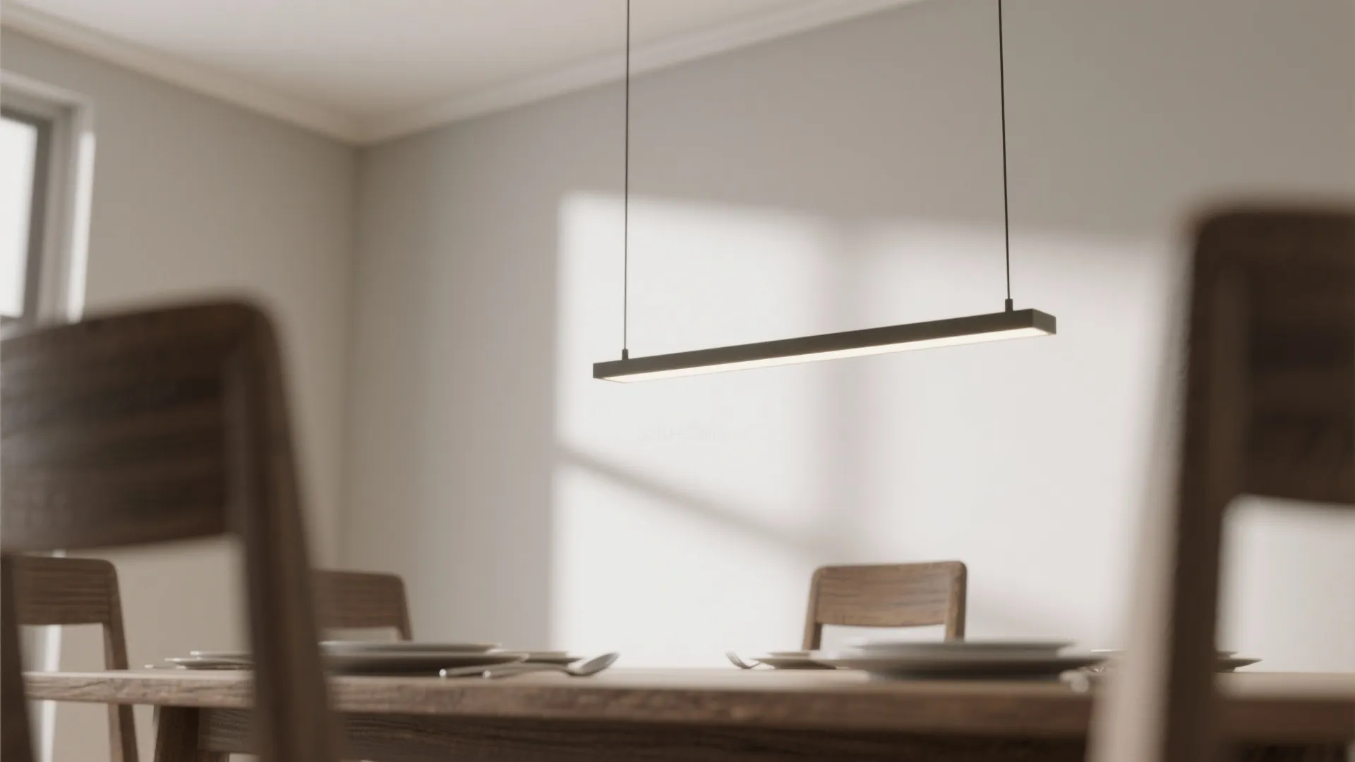 Modern minimal linear ceiling light hanging over a wooden dining table with plates and chairs