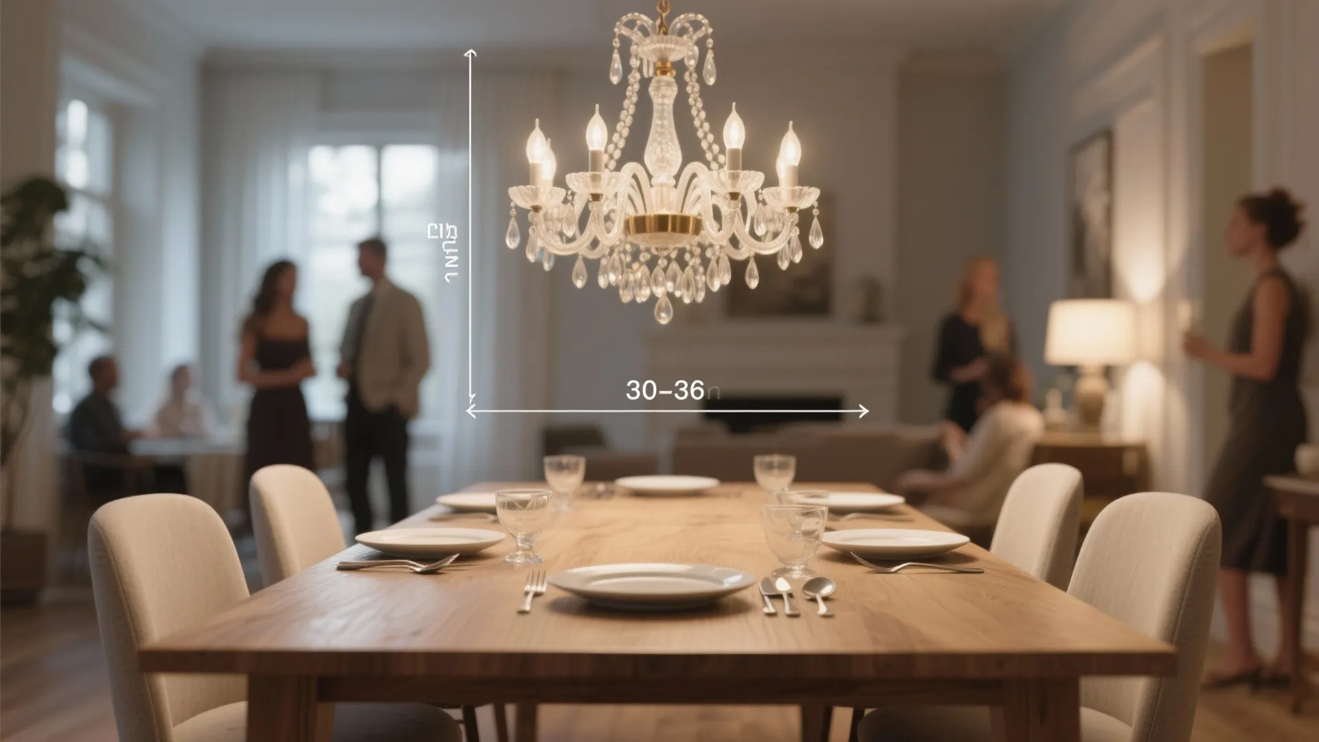 Dining table with chandelier hung 30–36 inches above the tabletop demonstrating the classic rule.