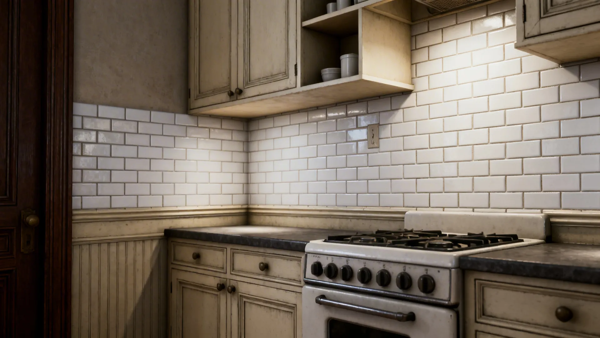Classic 3x6 subway tile backsplash in a cozy kitchen nook with satin grout and vintage cabinetry.