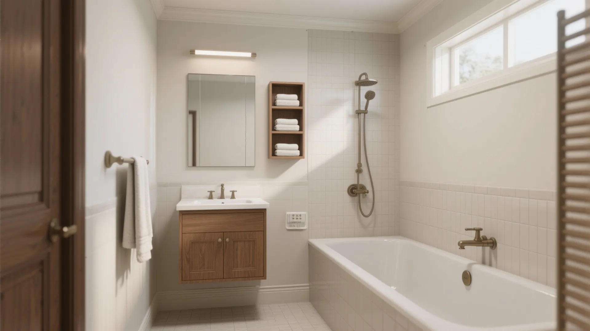 Classic 5'x8' bathroom with tub-shower, narrow vanity and vertical storage.