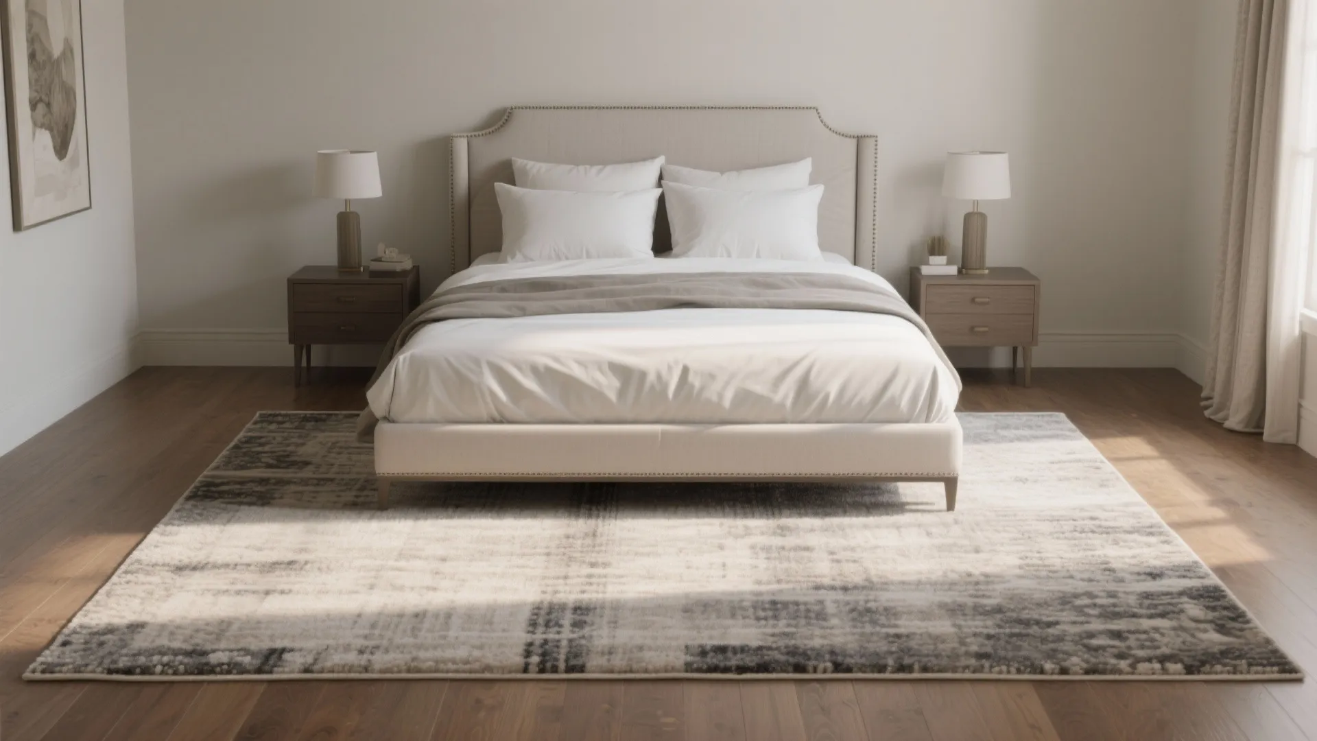 King bed with the front two-thirds sitting on an 8x10 rug and nightstands partly on the rug