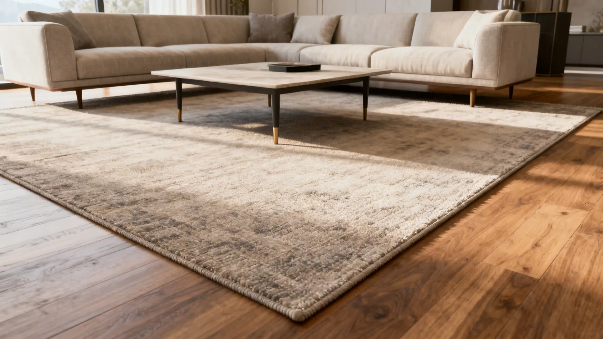 Living room with a large rug covering the entire sectional and coffee table for a cohesive look
