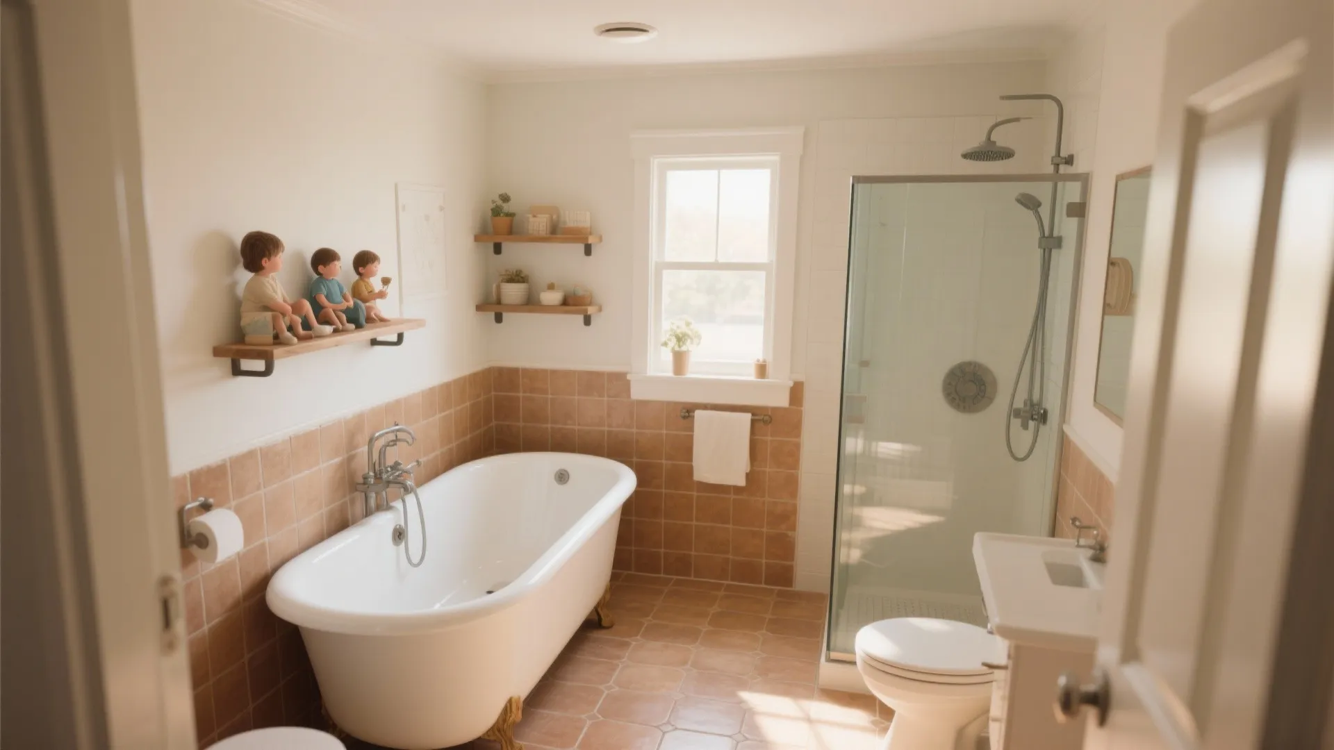 An 8x8 bathroom with a bathtub and overhead shower in bright daylight