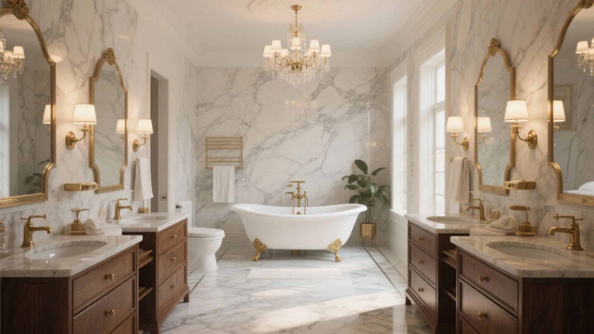 Luxury bathroom with marble walls gold claws bathtub ceiling light two wooden cabinets and gold mirrors