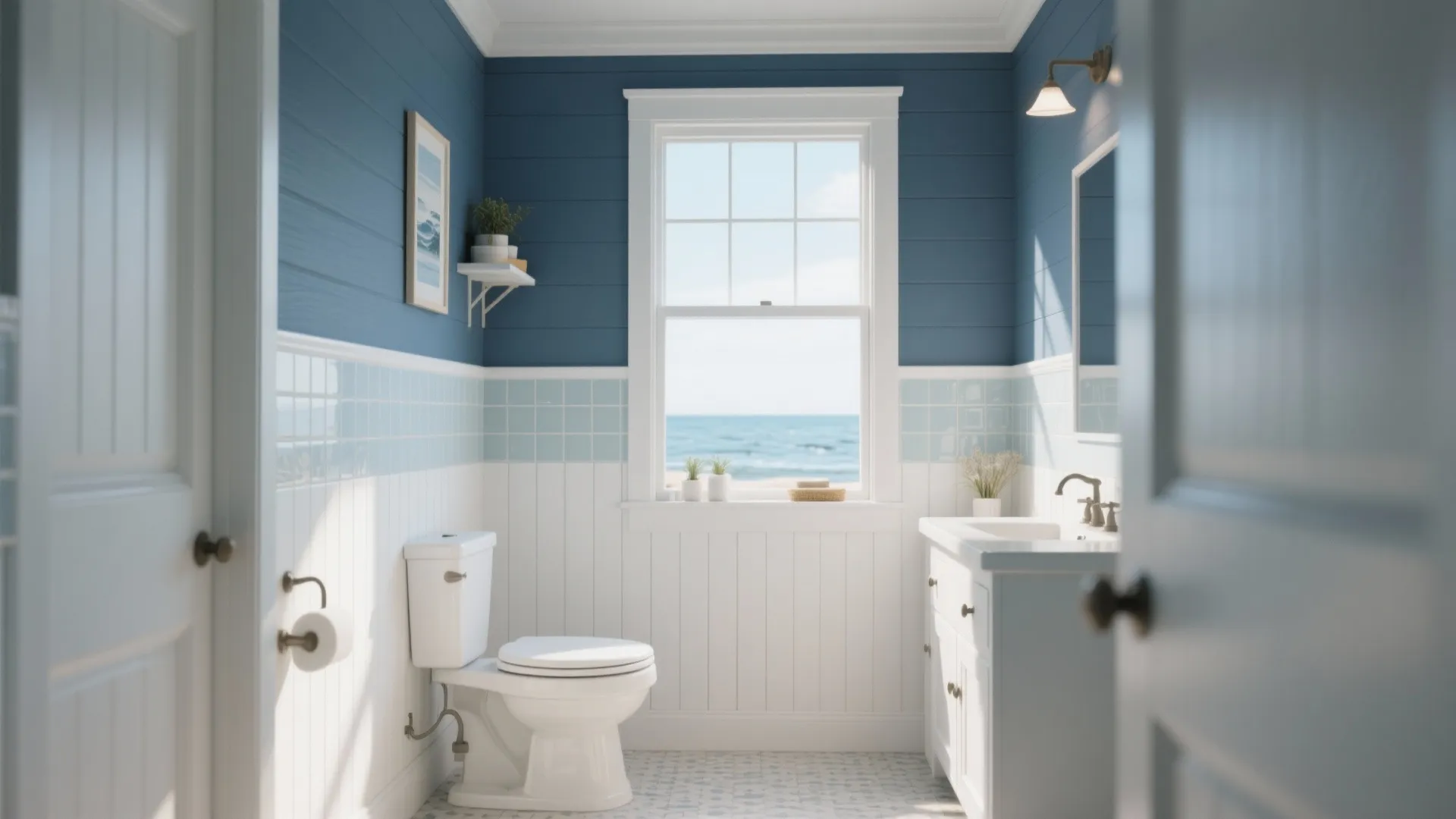Blue and white bathroom with wall panel toilet sink and window showing the blue ocean