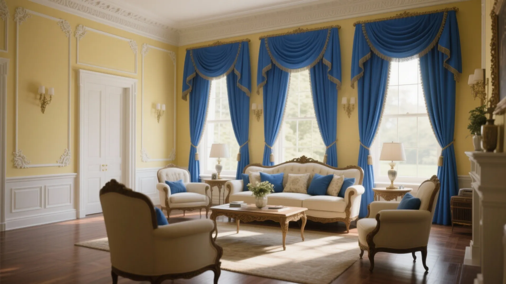 8. Classic Elegance with Royal Blue Drapes and Soft Yellow Paint