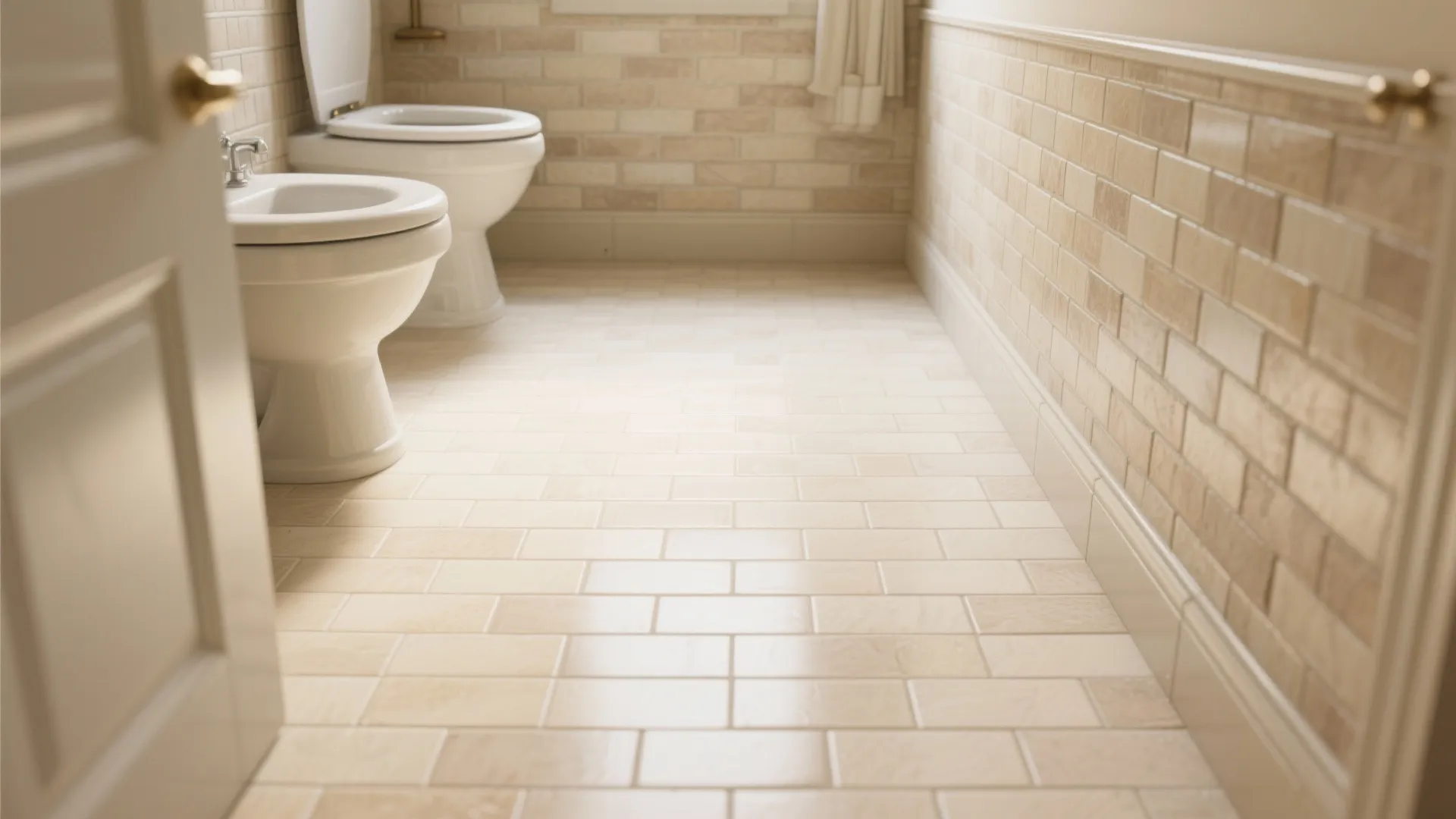 Classic bathroom design with beige brick wall tiles cream floor tiles white toilet and bidet