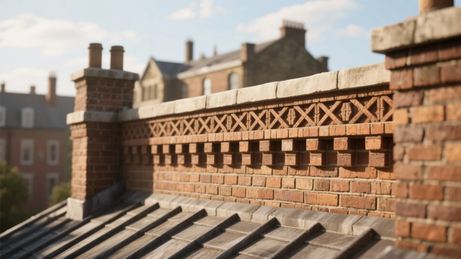 Traditional red brick roof wall with decorative patterns and chimneys under a bright blue sky