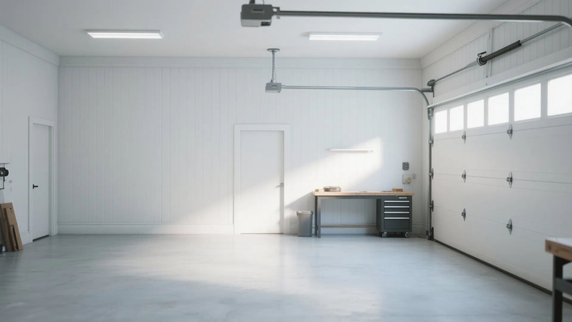Bright empty white garage featuring wall panel design a small workbench and white garage door
