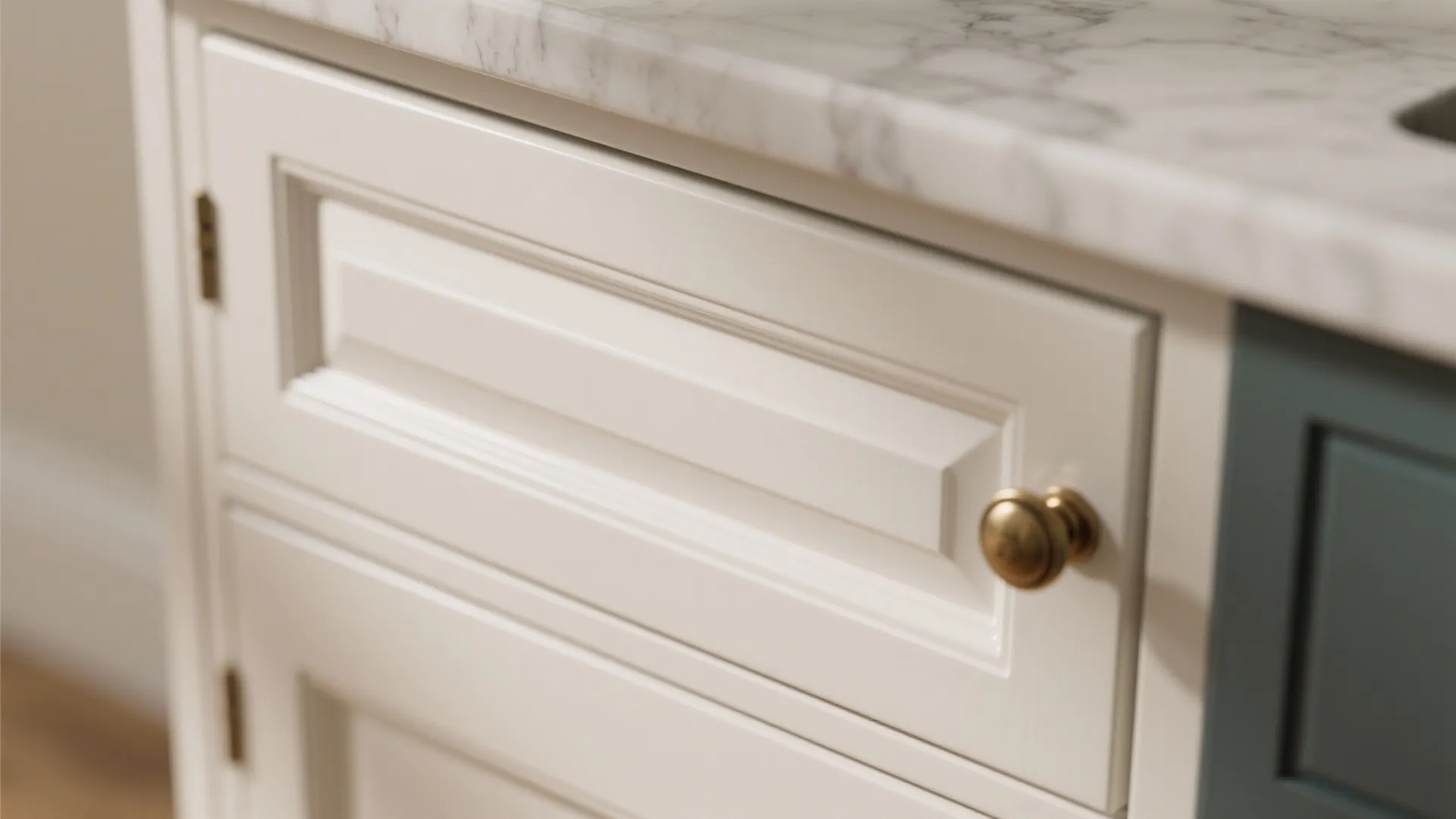 Close up of white kitchen cabinet door with gold handle and white marble counter top