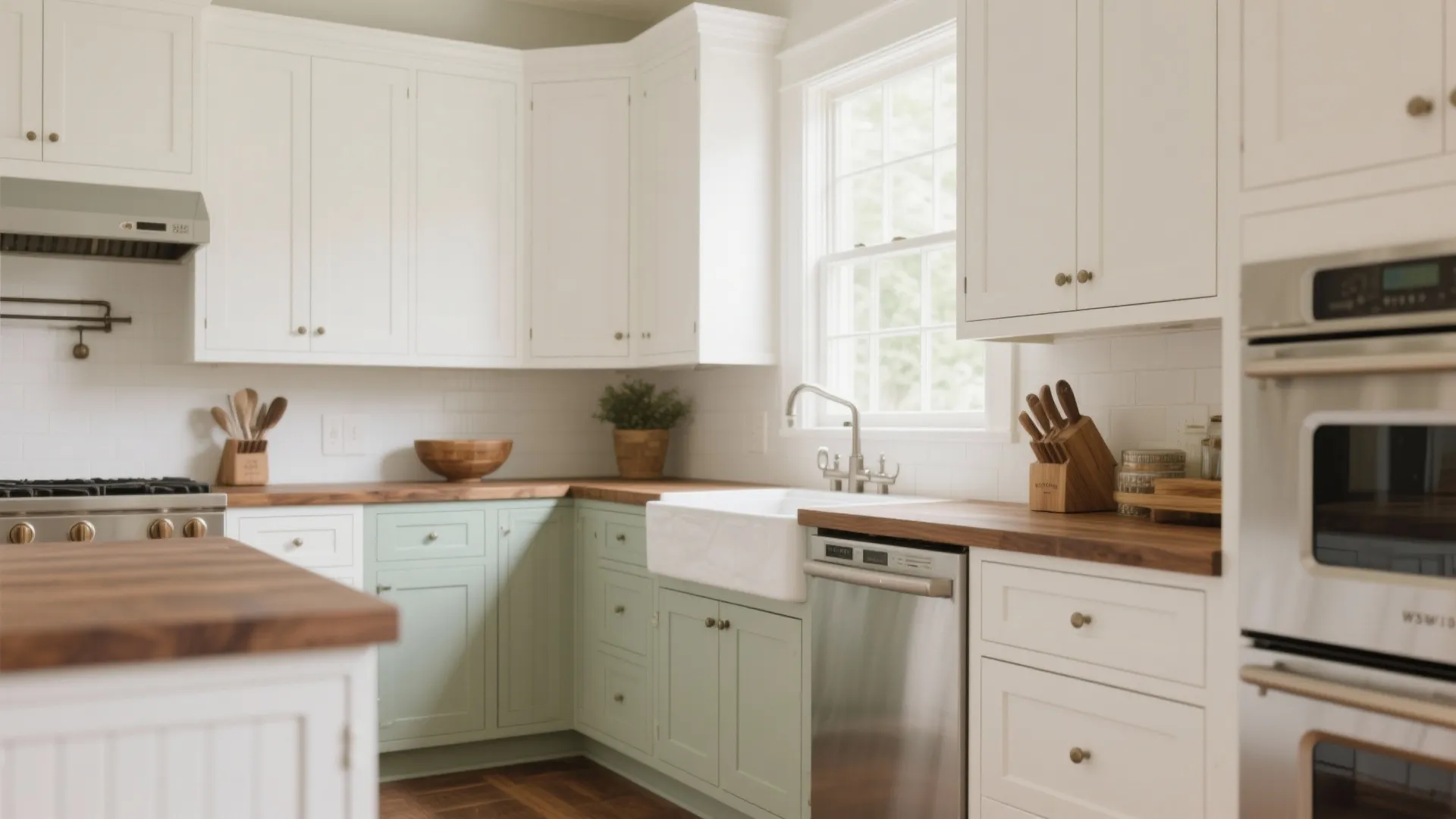 Shaker and raised-panel kitchen cabinets in white and sage