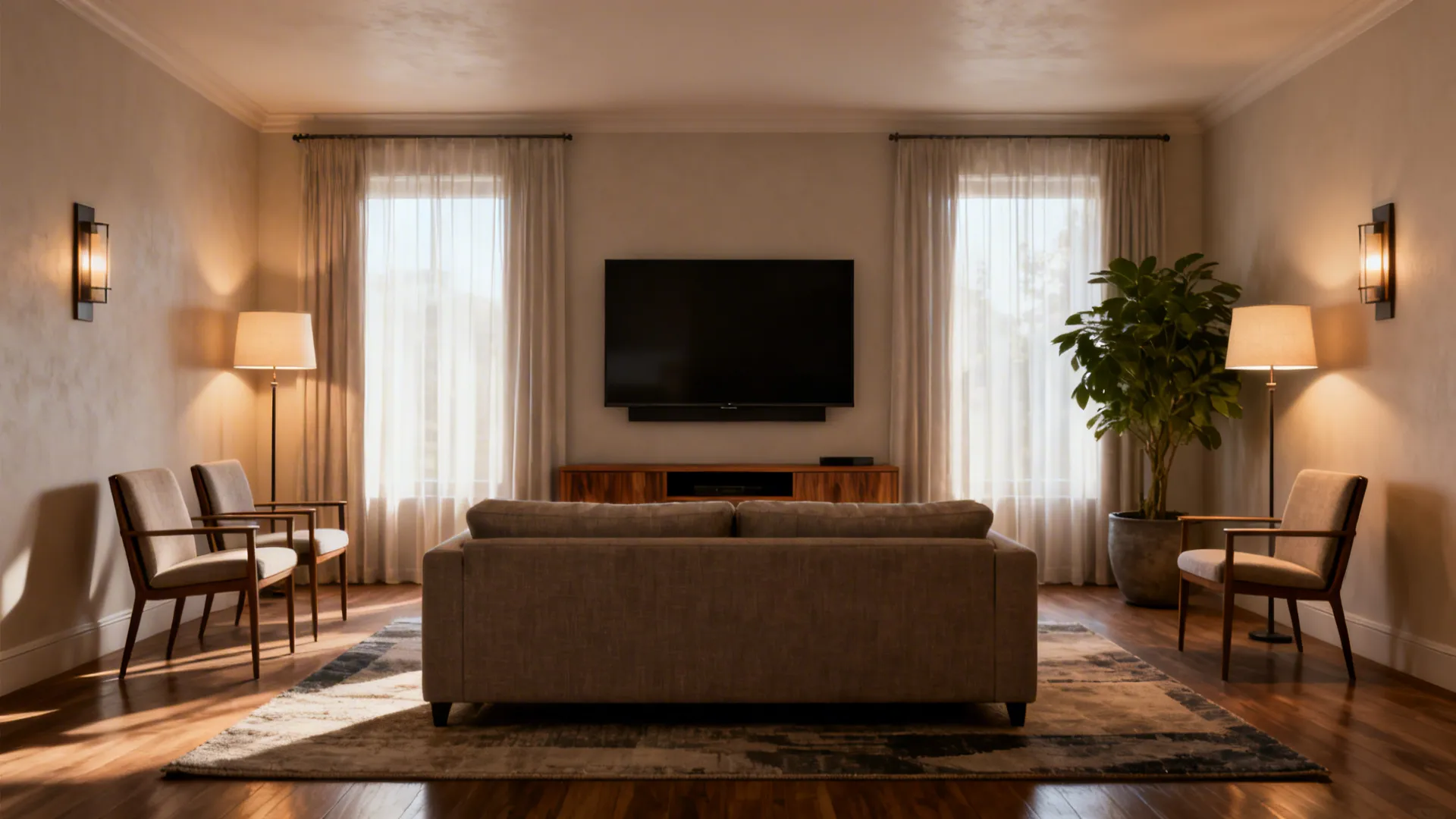 Rectangular living room with sofa centered opposite a wall-mounted TV and a low media console.