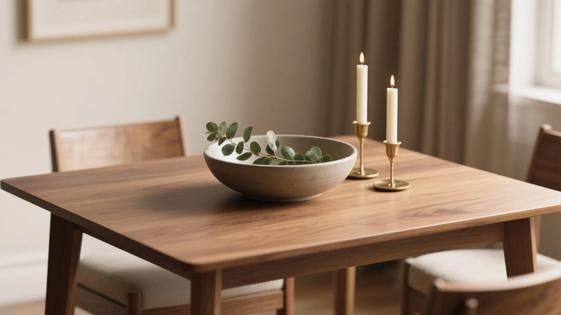 Close up of wooden table with grey ceramic bowl green leaves and two gold candles