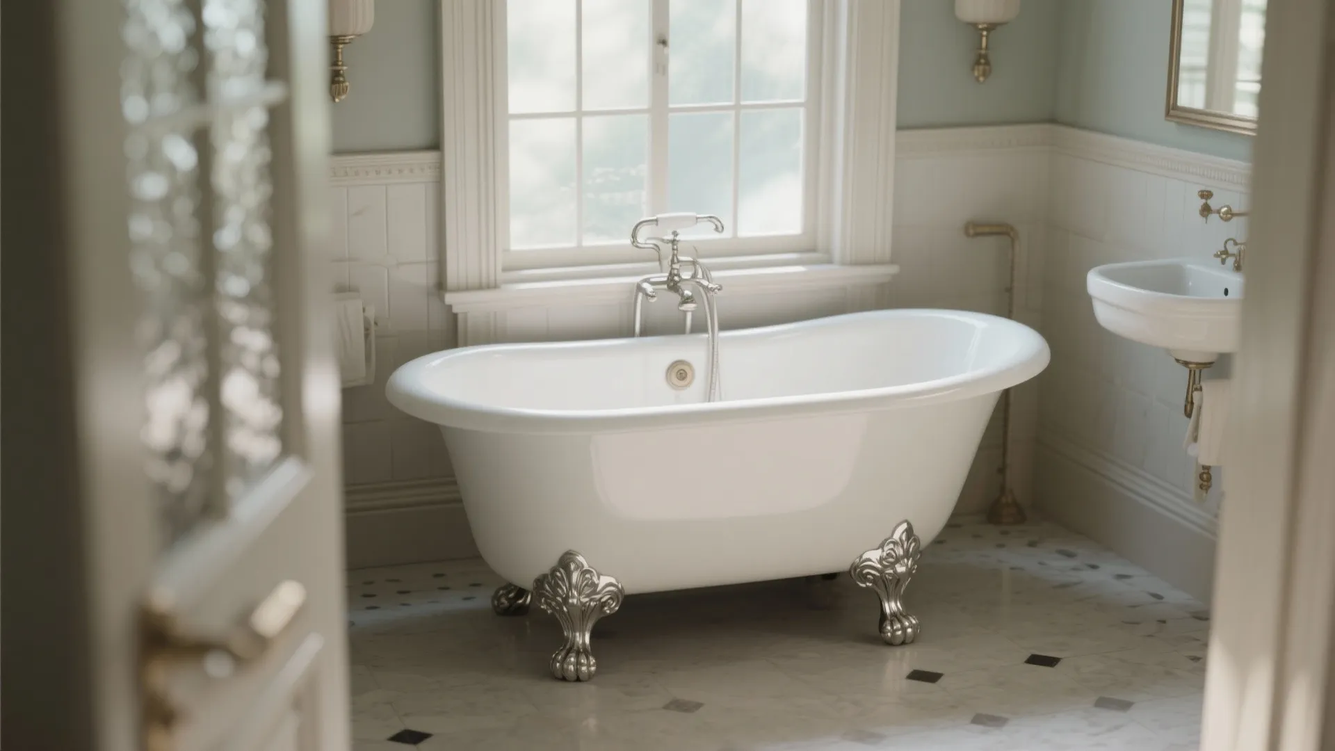 Compact clawfoot tub in a Victorian-style bathroom