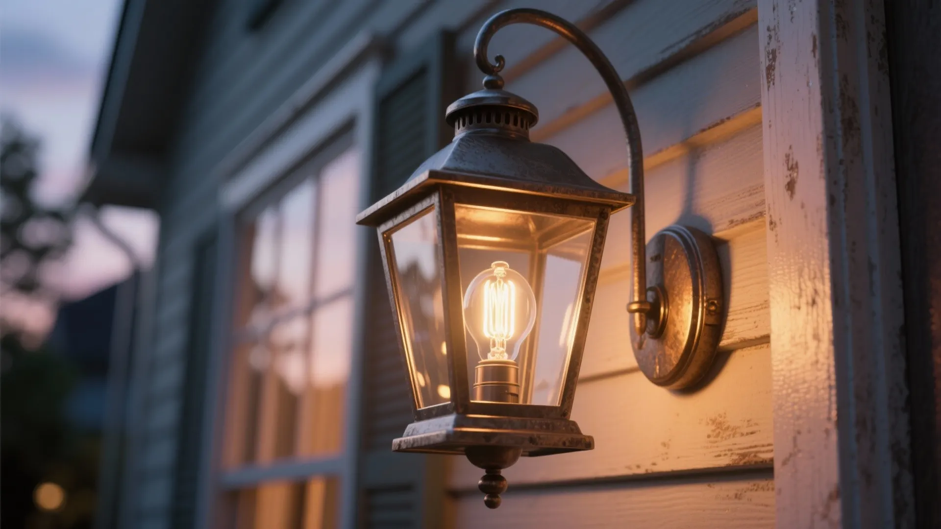 Vintage metal wall light with glowing bulb mounted on white wooden house exterior during evening time