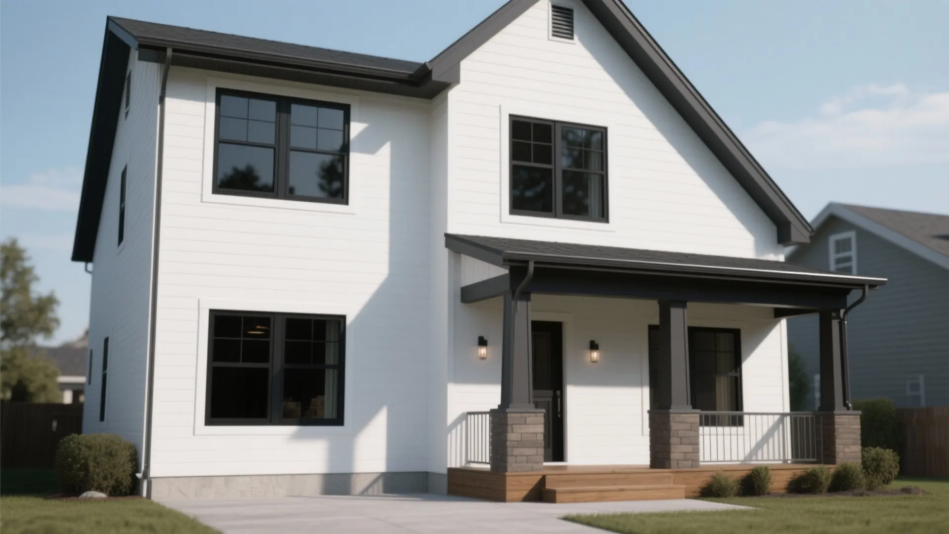 Modern white house with black windows wooden porch steps dark roof and small green lawn