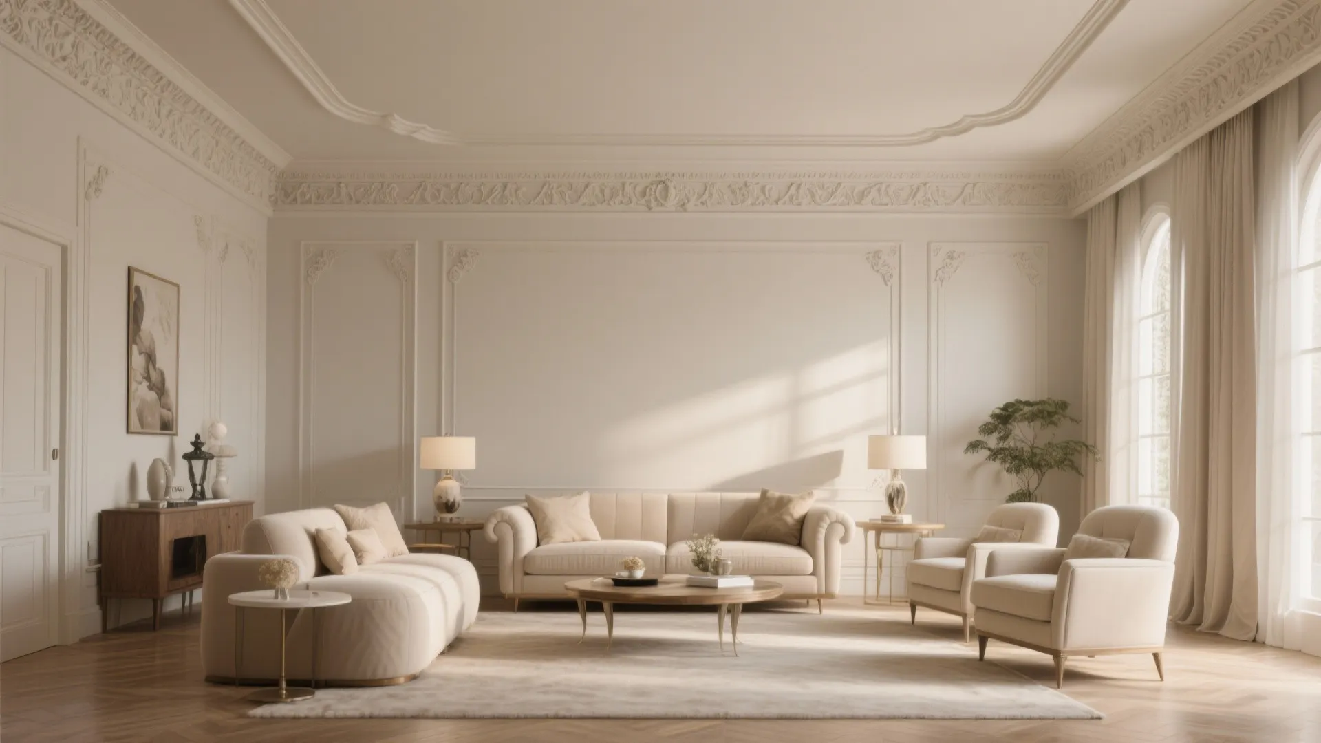Classic living room with decorative wall panel beige sofa armchairs cabinet and warm indoor lighting