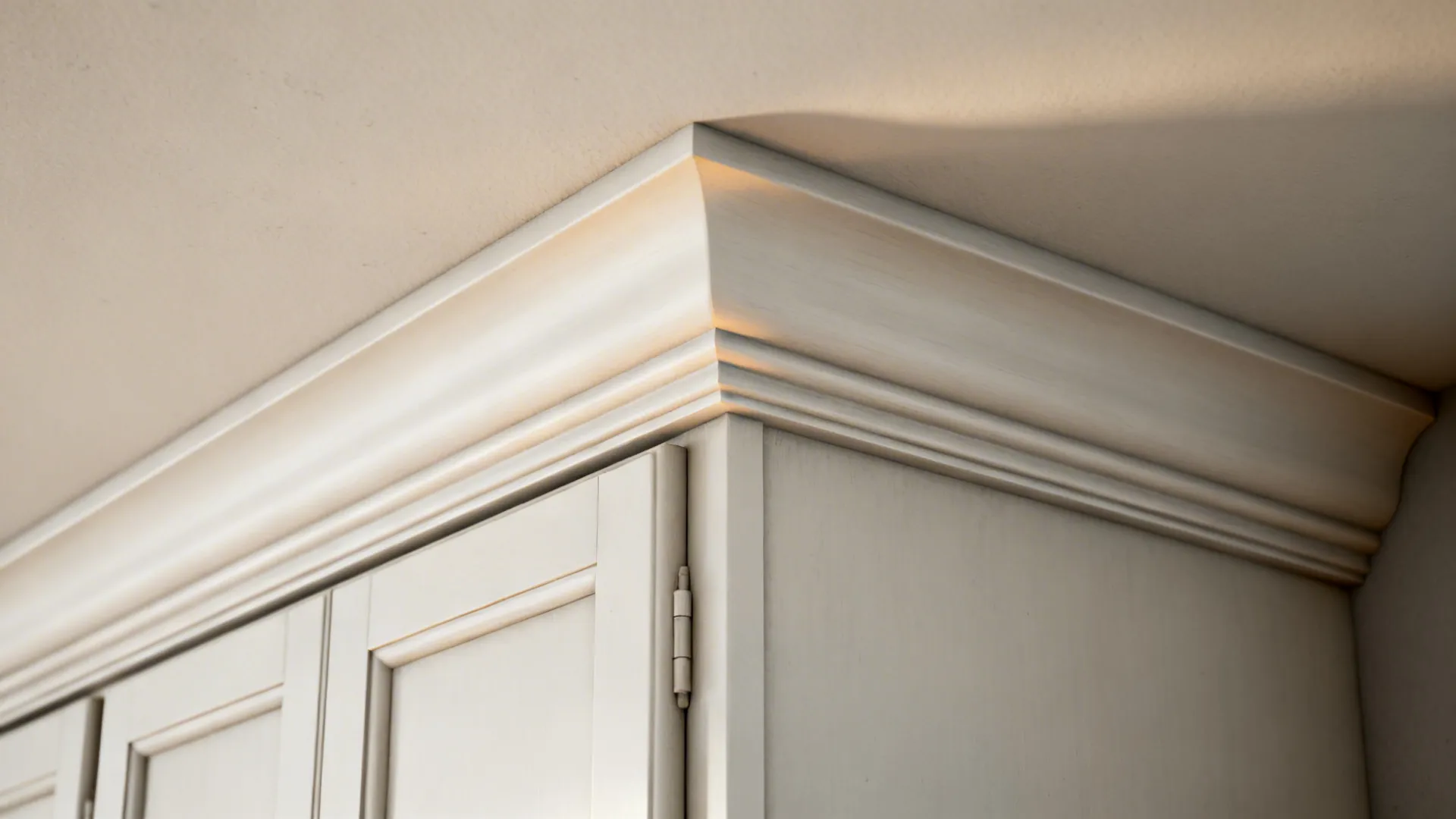 Macro detail of a classic cove crown molding softly transitioning from cabinet to ceiling.