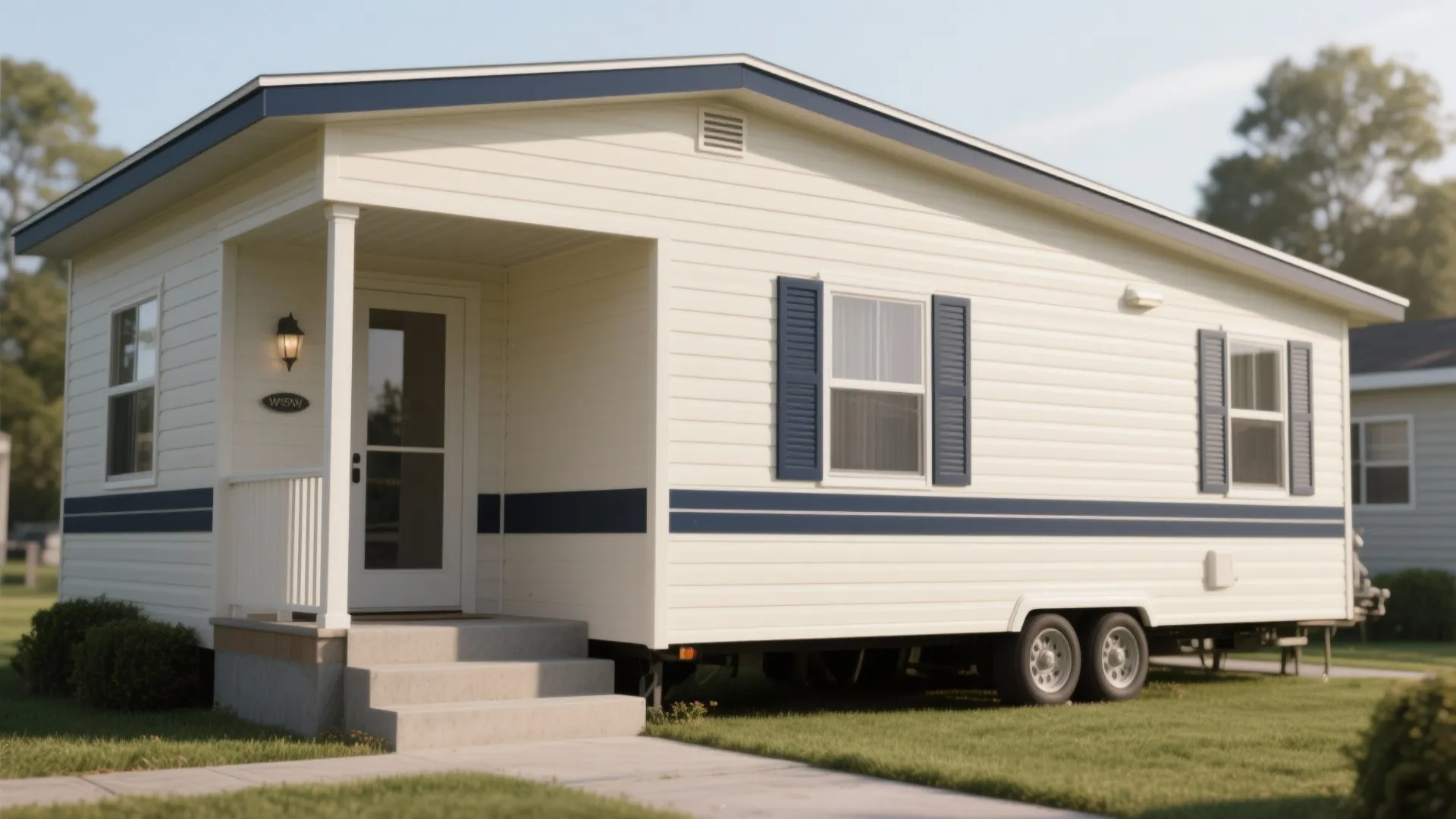 Cream mobile home with blue trim blue window shutters front porch steps and white siding