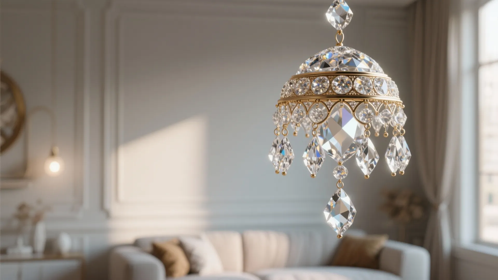 Elegant crystal ceiling light close up with a blurred living room and sofa background view