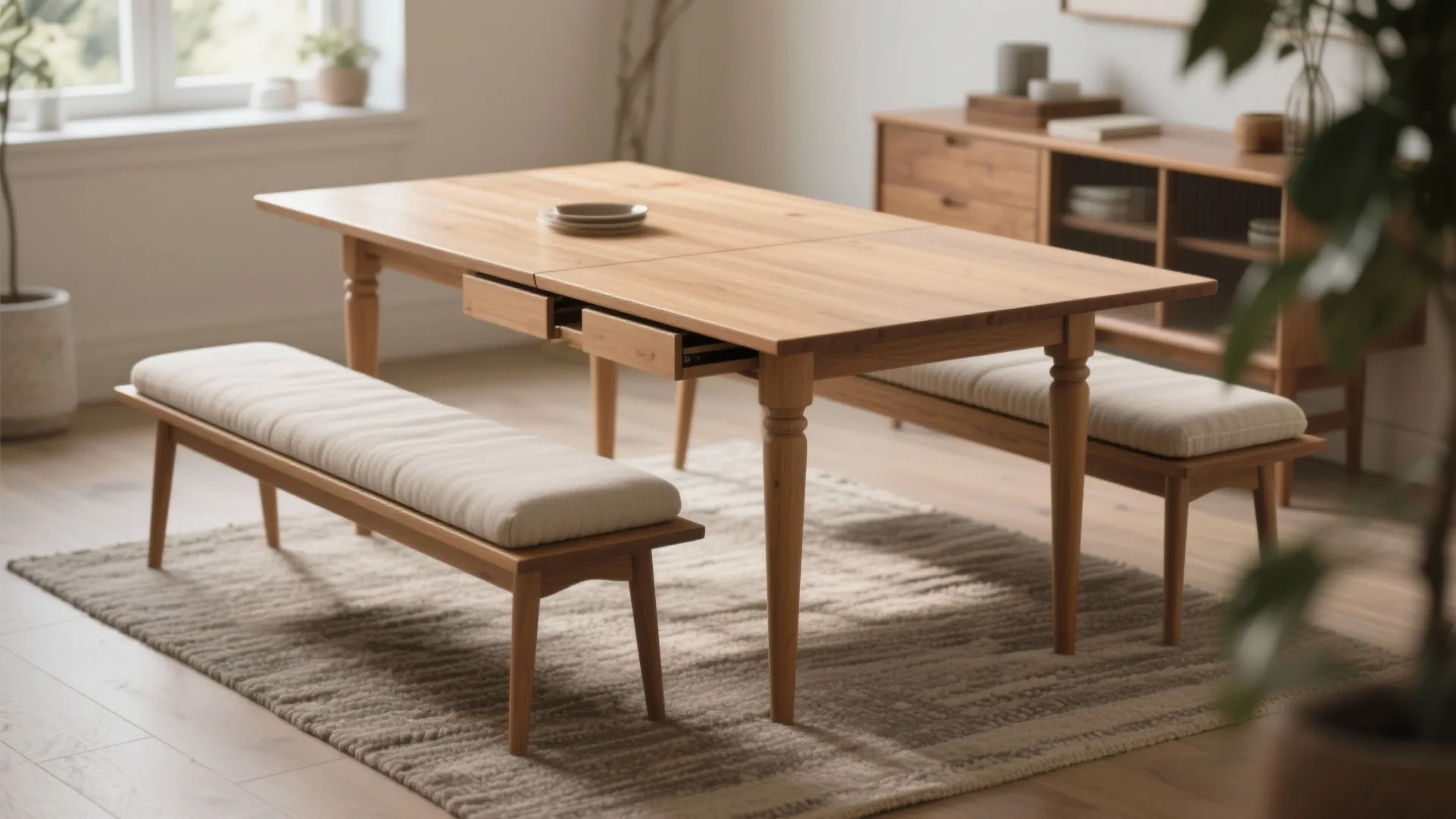 Classic drop-leaf table with tuck-away benches slid under, warm wood and linen cushions.