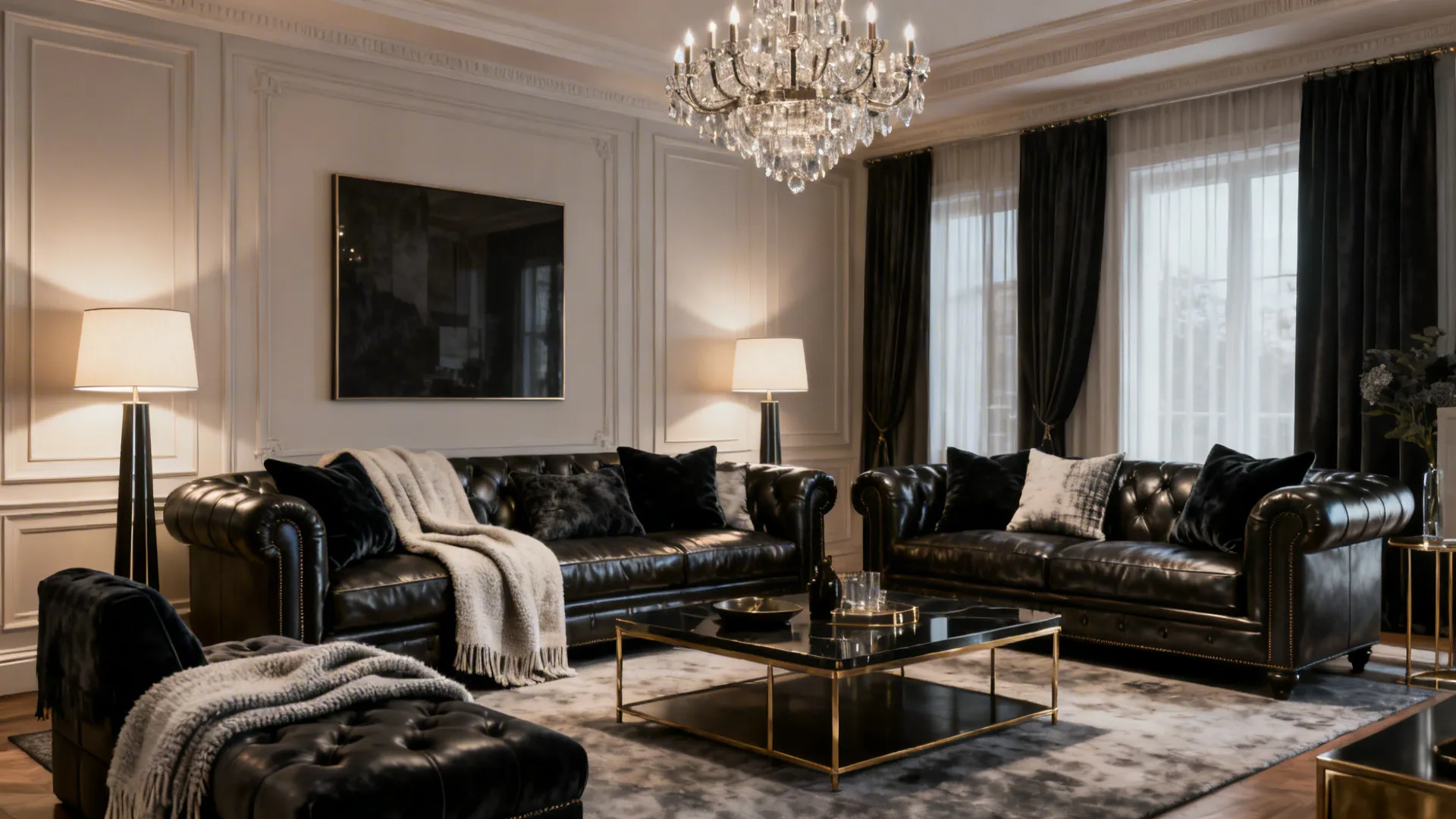Classic elegant living room with deep leather sectional, monochrome throws and a chandelier