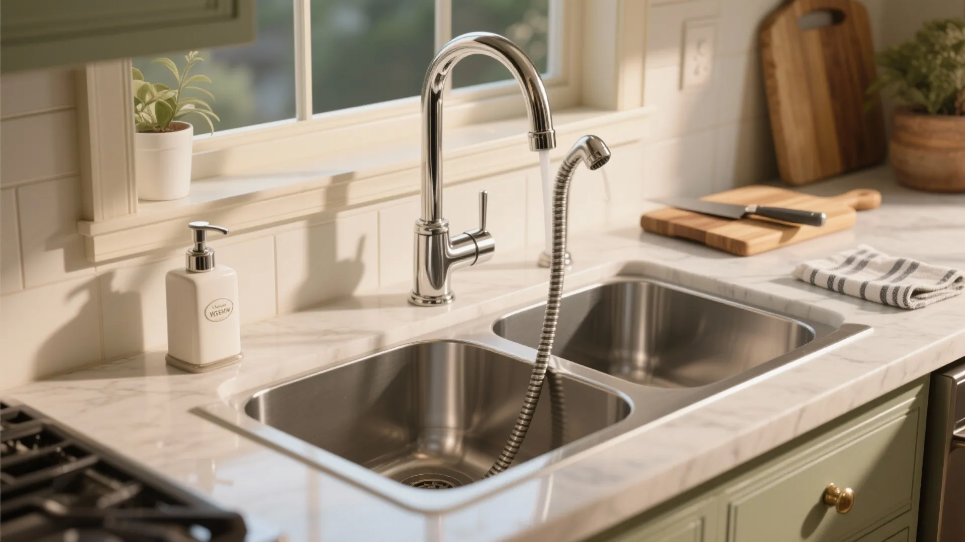 Chrome kitchen faucet with pull out sprayer above a stainless steel double sink with soap dispenser