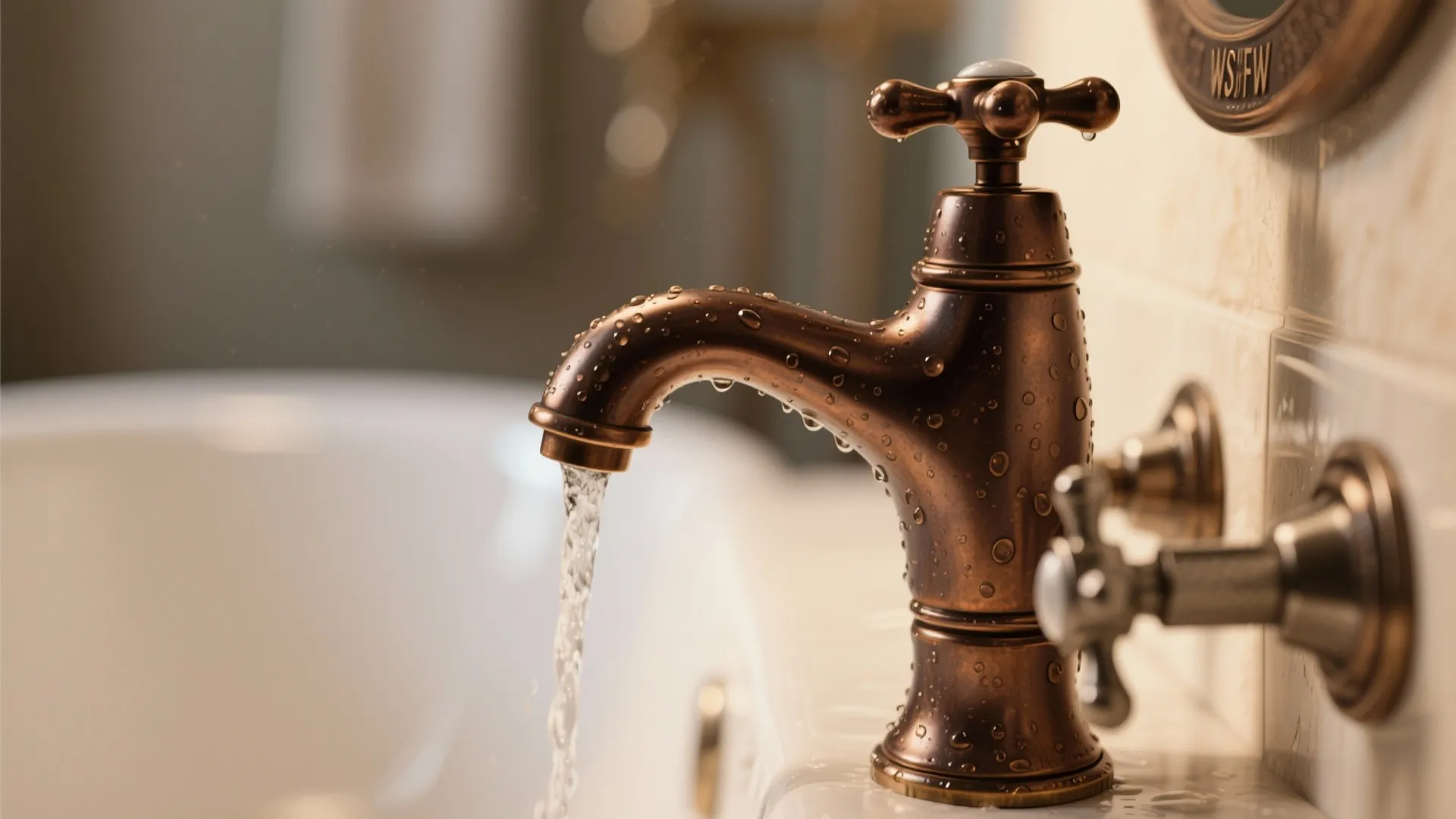 Close up of classic bronze water tap with running water and droplets in bright bathroom