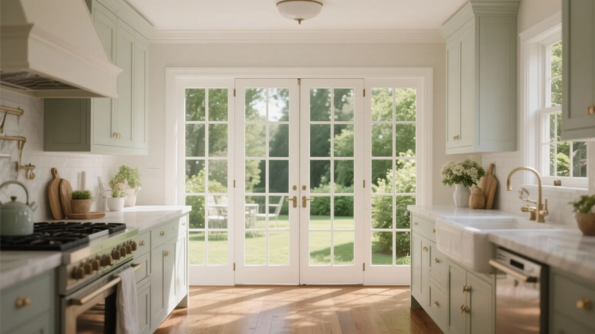 Elegant white kitchen featuring double glass doors opening to a green garden with outdoor furniture