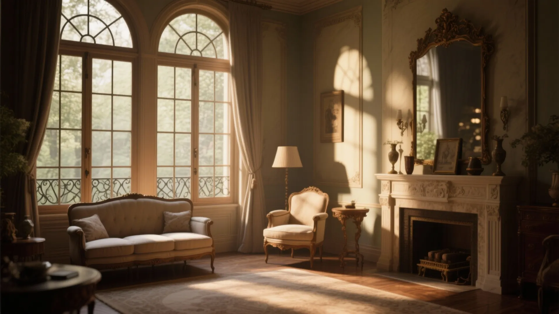 Elegant living room with a classic white fireplace mirror floor lamp and large arched windows
