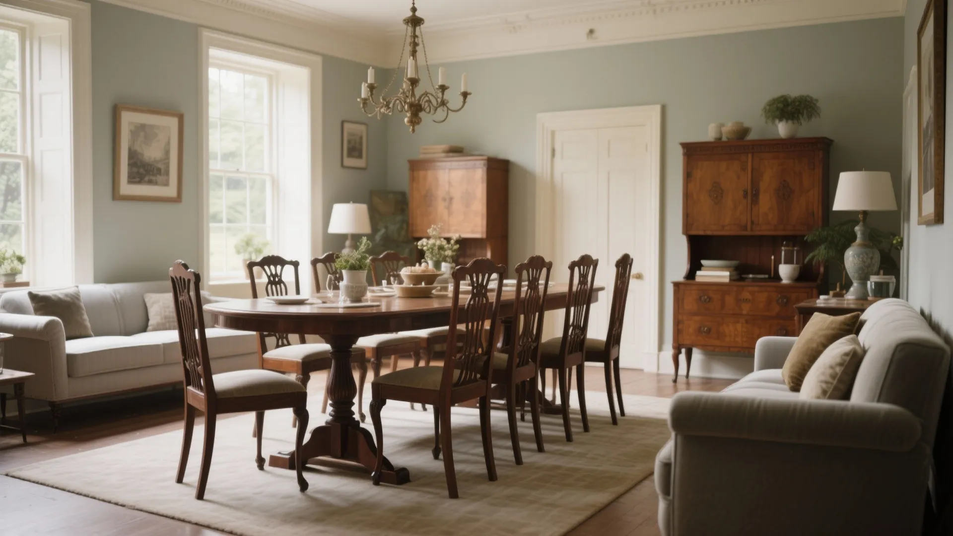 Antique chairs mixed with modern upholstered seating in a dining room