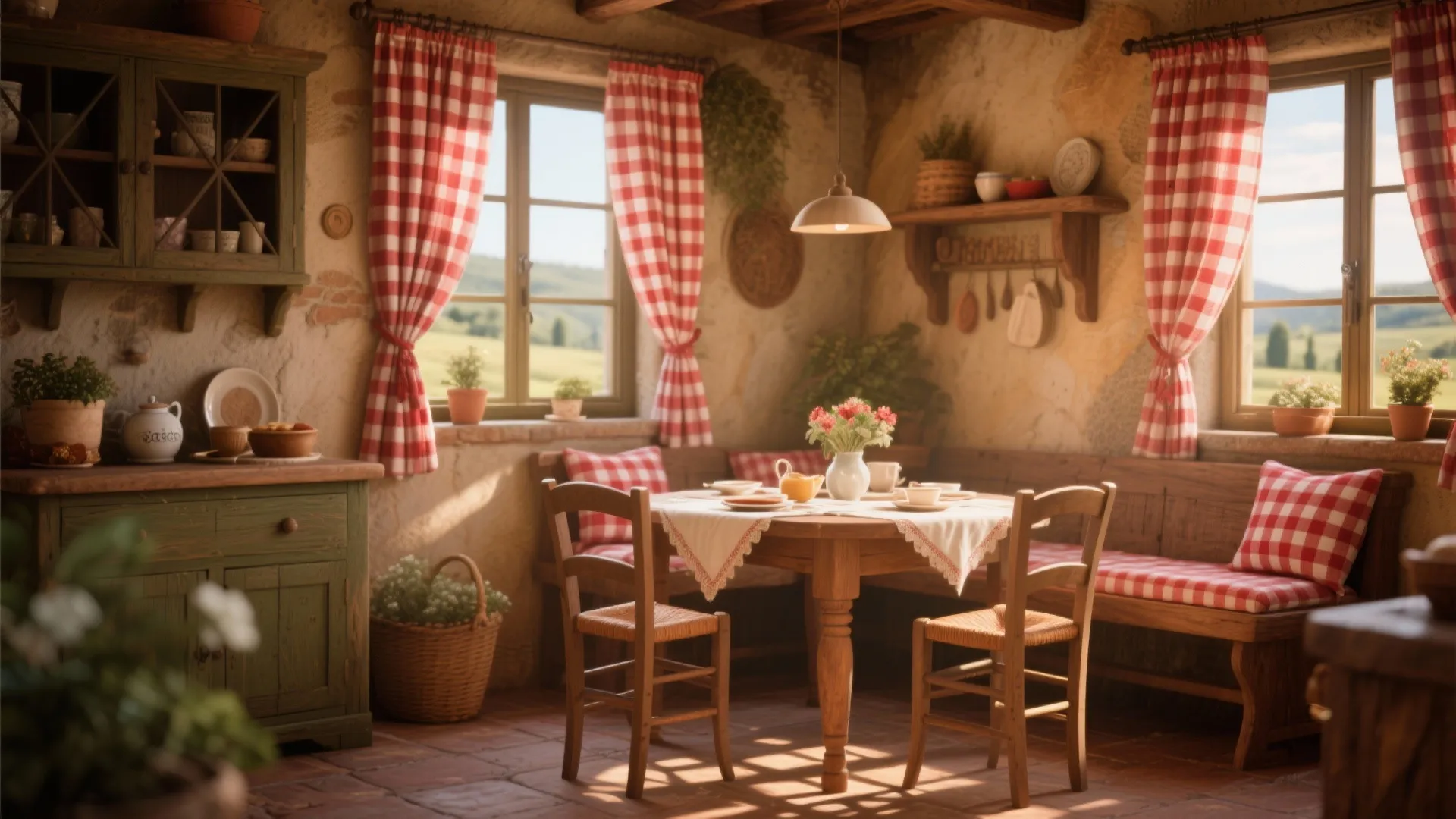 Rustic dining area featuring red gingham curtains with wooden table and chairs plus natural light