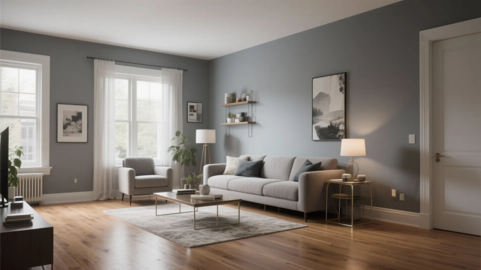 Apartment living room in Benjamin Moore Classic Gray with wood and metal accents
