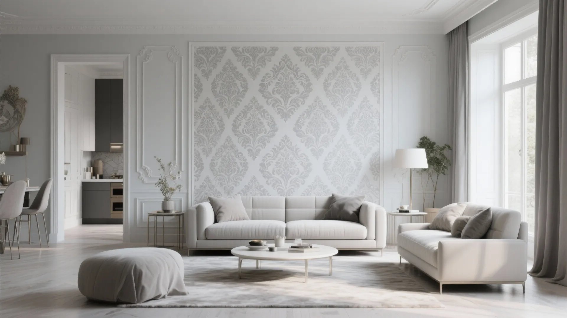 Elegant white living room featuring classic patterned wallpaper wall panels grey sofa and round coffee table