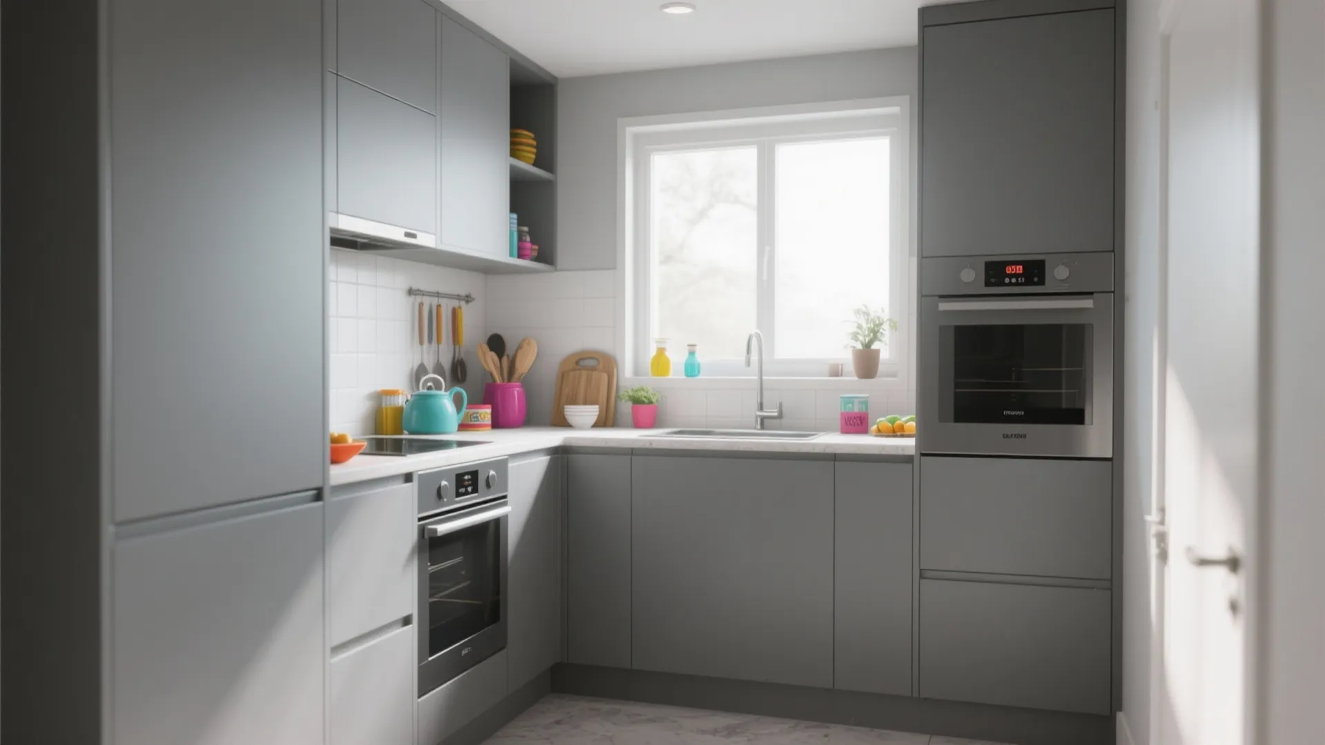 Minimalist grey kitchen with white wall tiles silver oven sink window and colorful small kitchen accessories