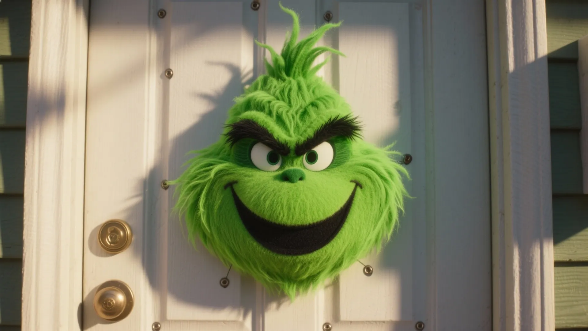 Green furry character face decoration mounted on a white wooden front door with gold handles
