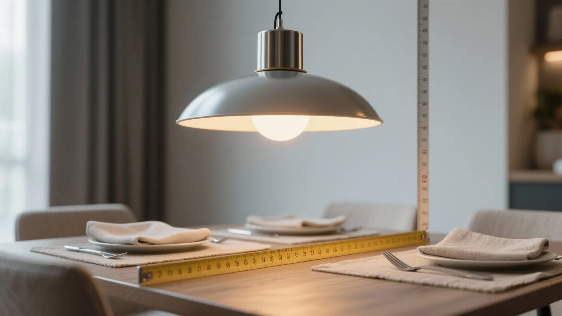 Silver ceiling light hanging over a dining table with measuring tape showing proper height distance