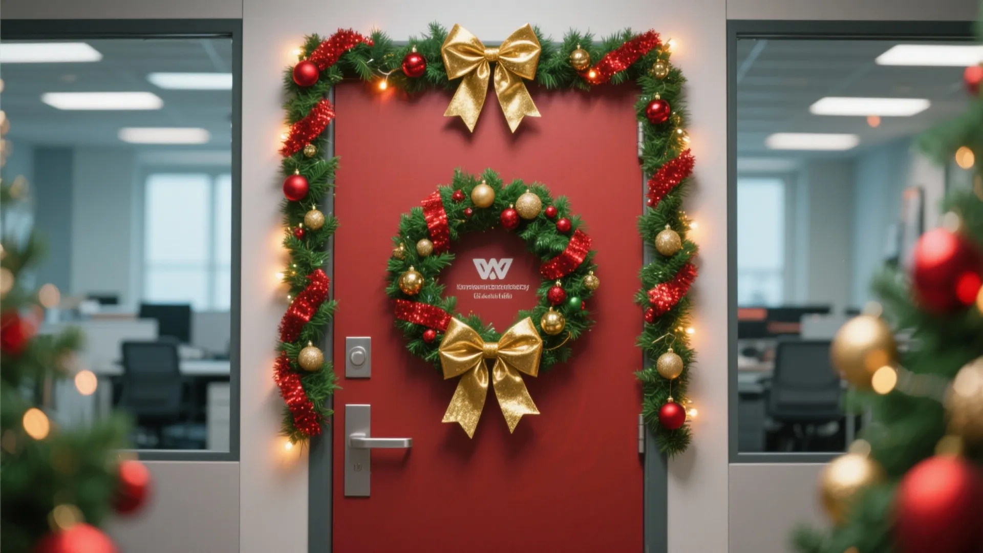Red office door decorated with green garland, golden bows, red ornaments, and a large wreath.